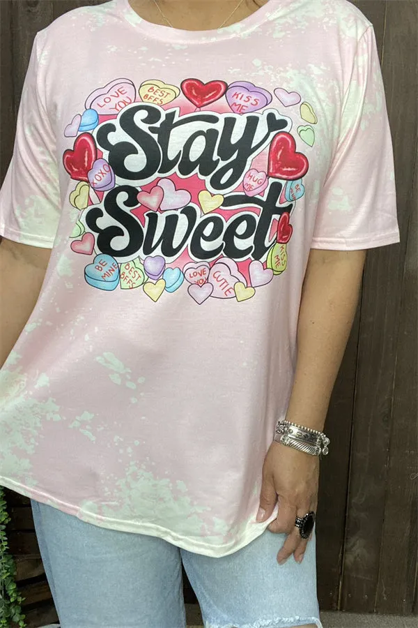 DLH14552 "Stay Sweet hearts"words&heart multi color printed short sleeve women pink T-shirt