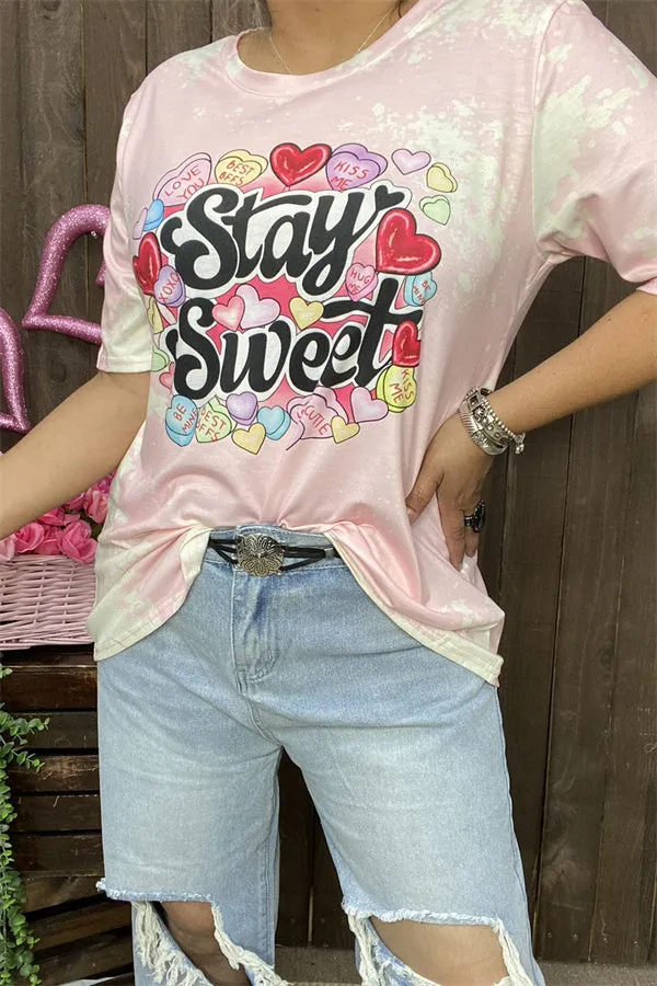 DLH14552 "Stay Sweet hearts"words&heart multi color printed short sleeve women pink T-shirt