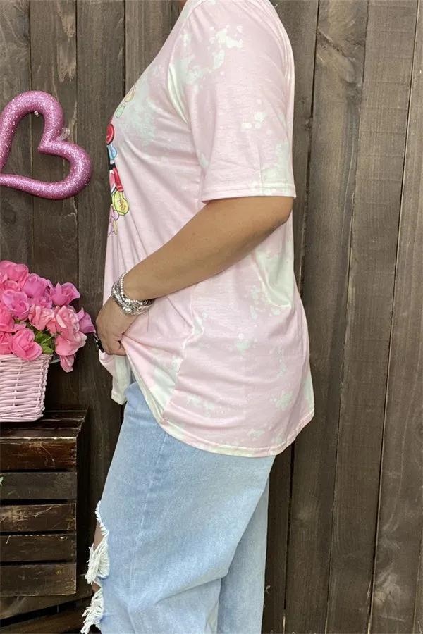 DLH14552 "Stay Sweet hearts"words&heart multi color printed short sleeve women pink T-shirt