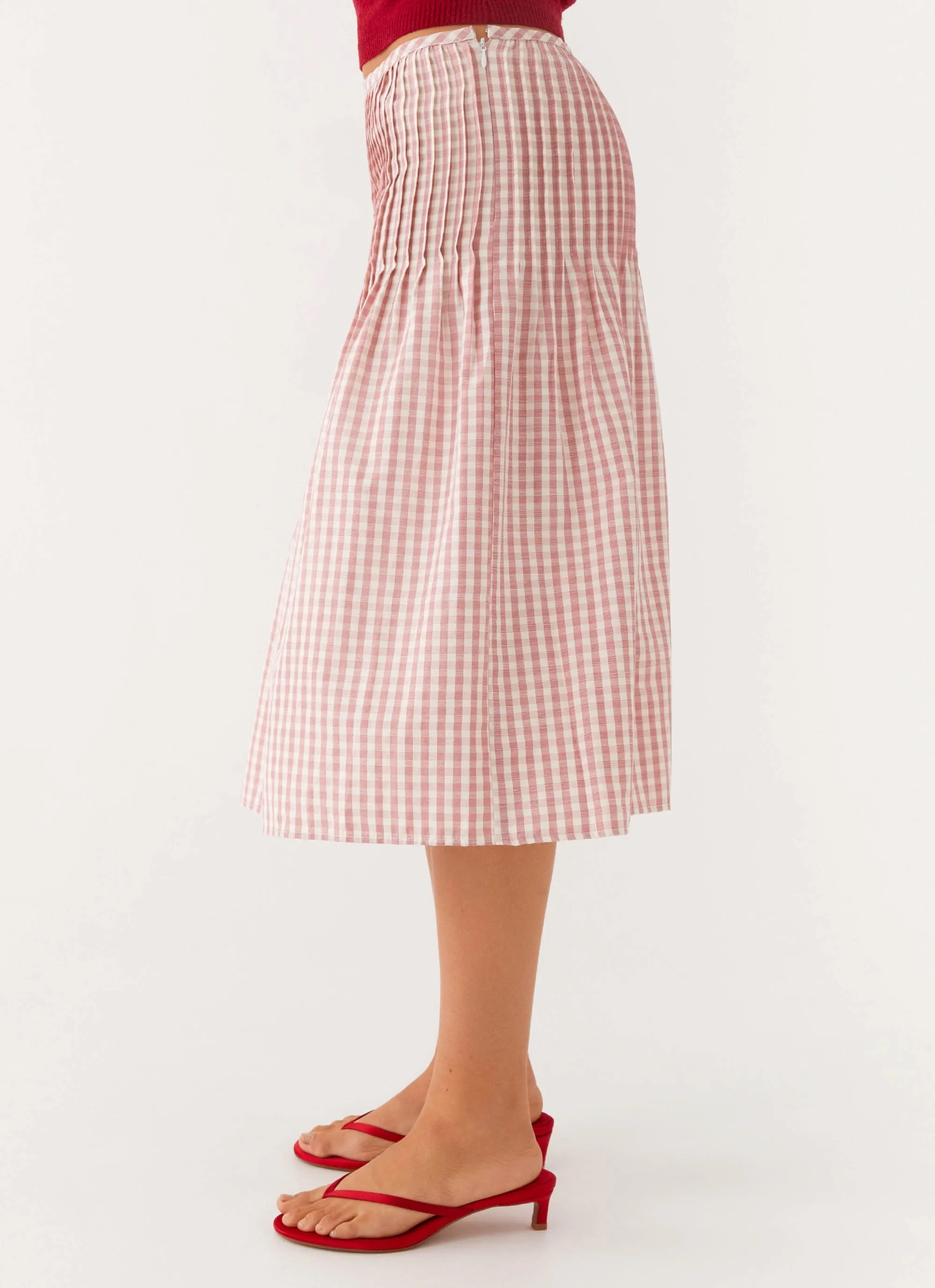 Dreamscape Midi Skirt - Maroon Gingham