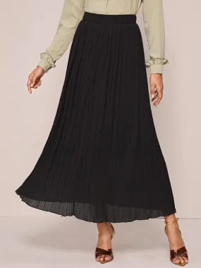 Elastic Waist Solid Pleated Skirt