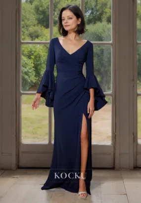 Elegant & Luxurious V-Neck Sheath Long Sleeves Pleated Satin Mother of the Bride Dress with Slit