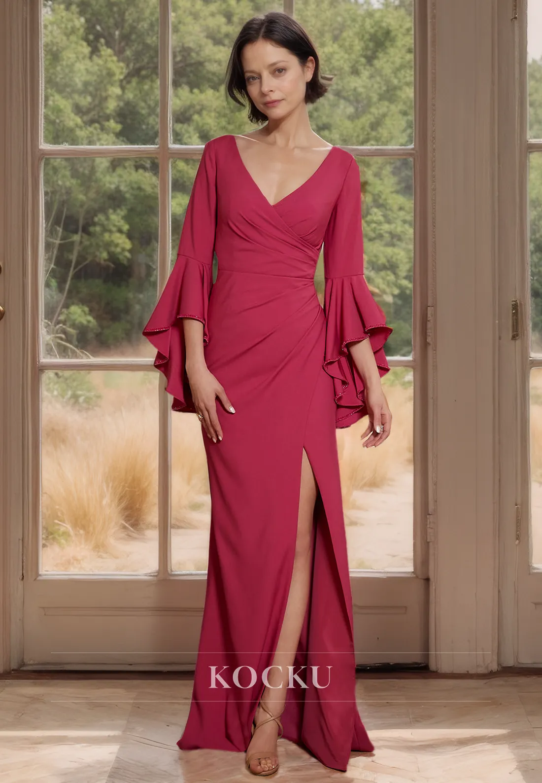 Elegant & Luxurious V-Neck Sheath Long Sleeves Pleated Satin Mother of the Bride Dress with Slit