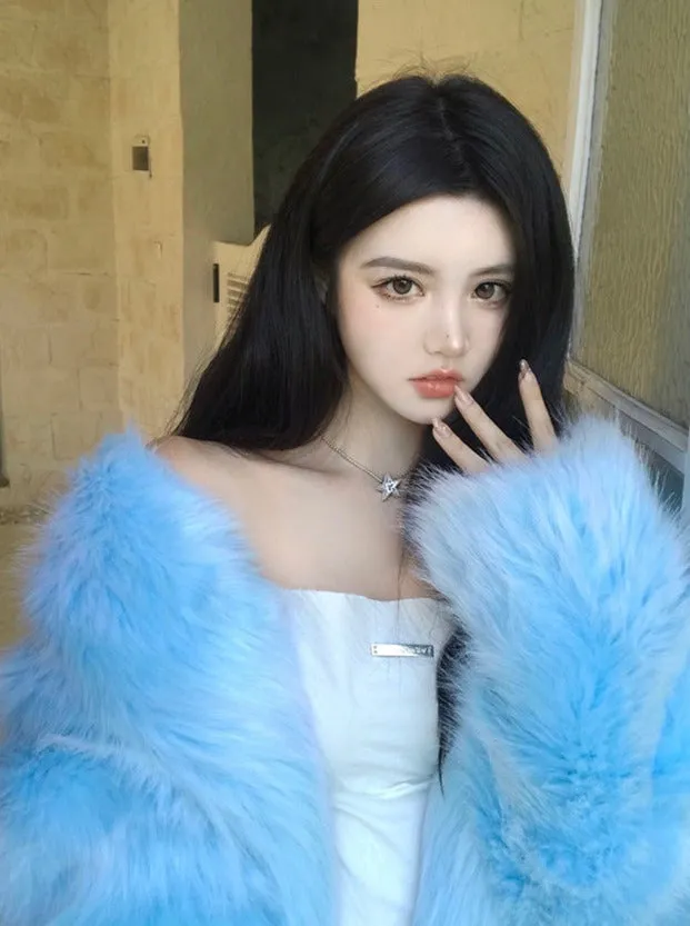 Elegant Electric Blue Fur Coat Jacket