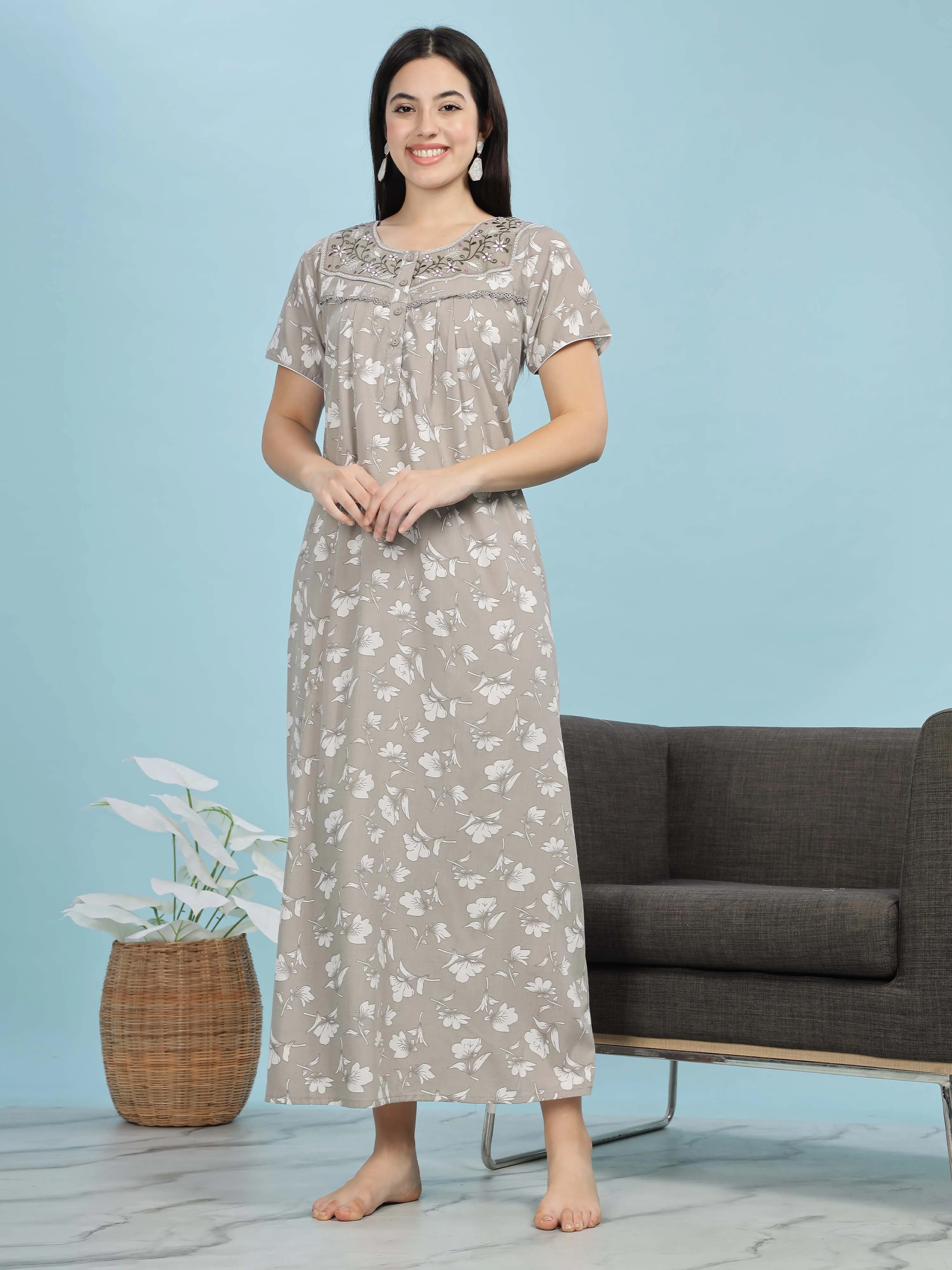 Elegant Light Grey Pleated Designer Nighty with Embroidery & Pocket