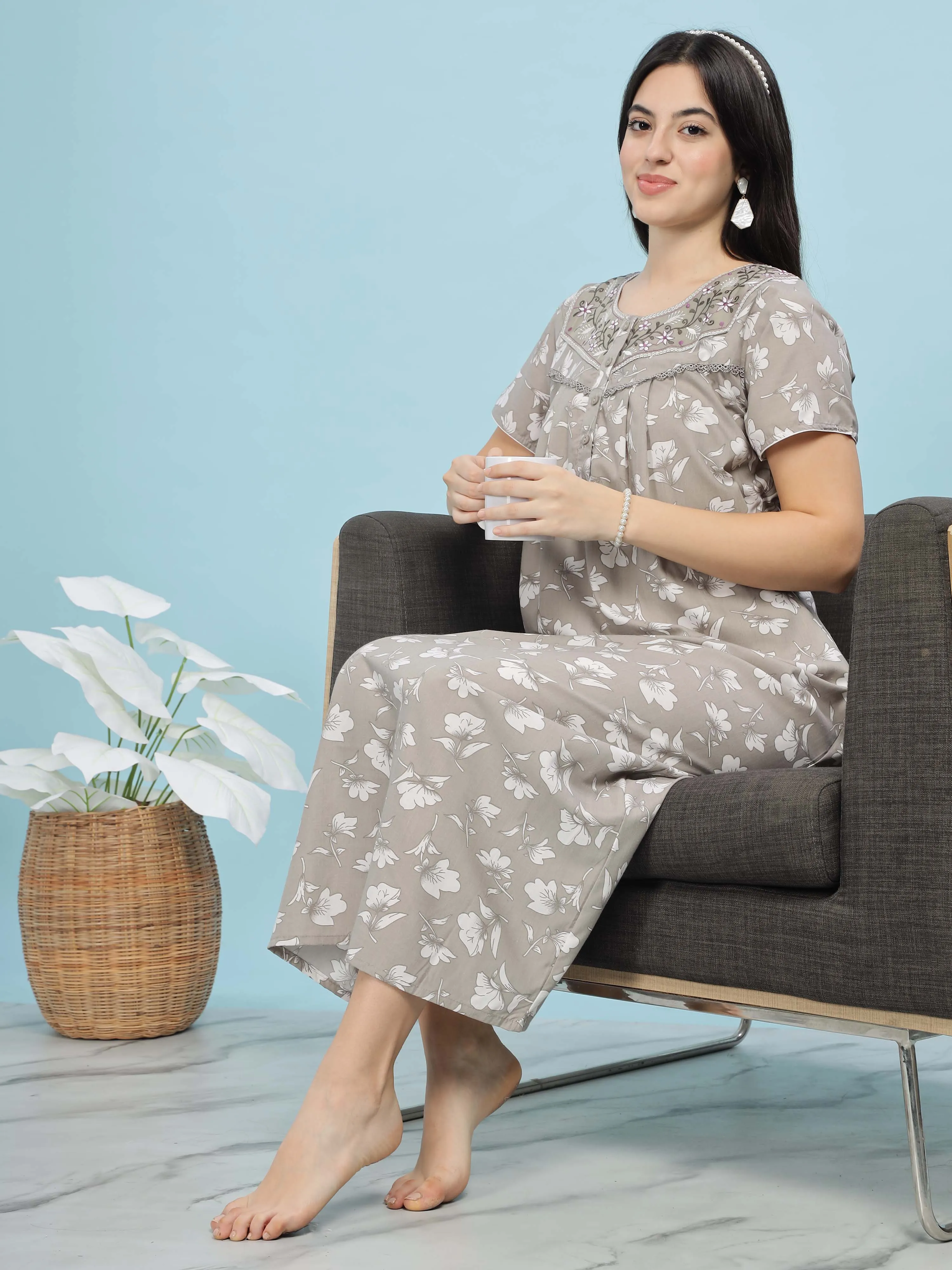 Elegant Light Grey Pleated Designer Nighty with Embroidery & Pocket