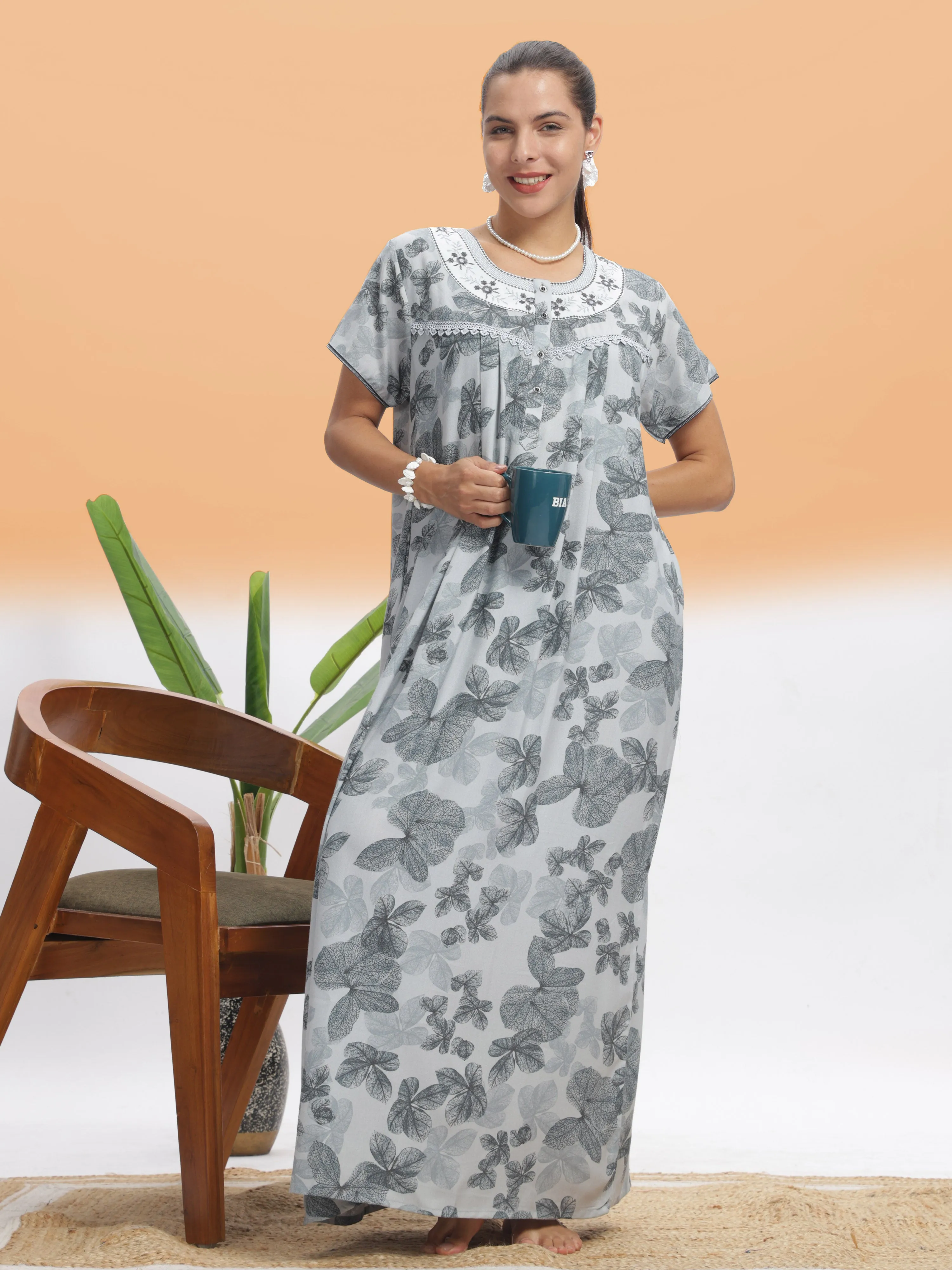 Elegant Silver Leaf Alpine Maxi Nighty - Luxury Nightwear