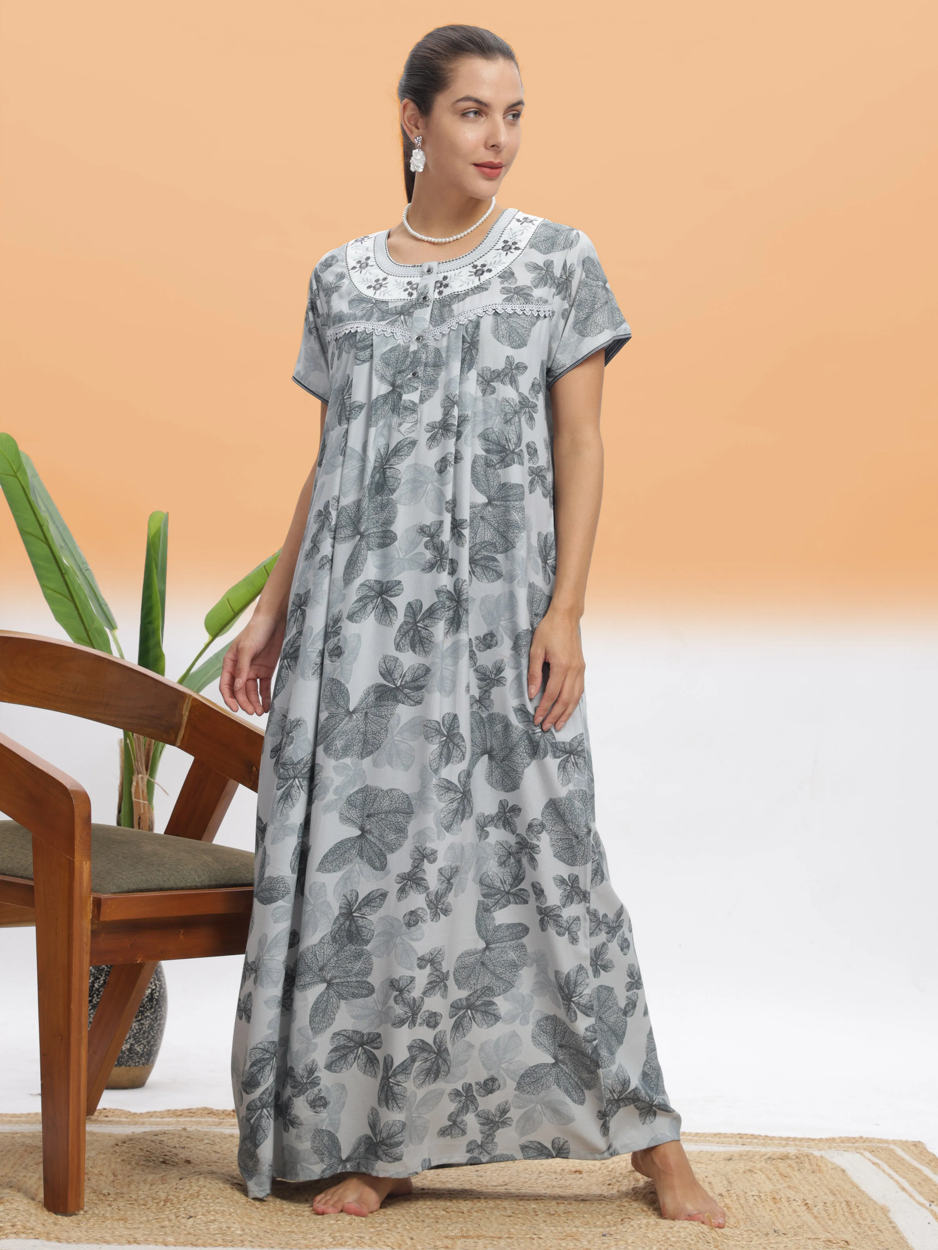 Elegant Silver Leaf Alpine Maxi Nighty - Luxury Nightwear