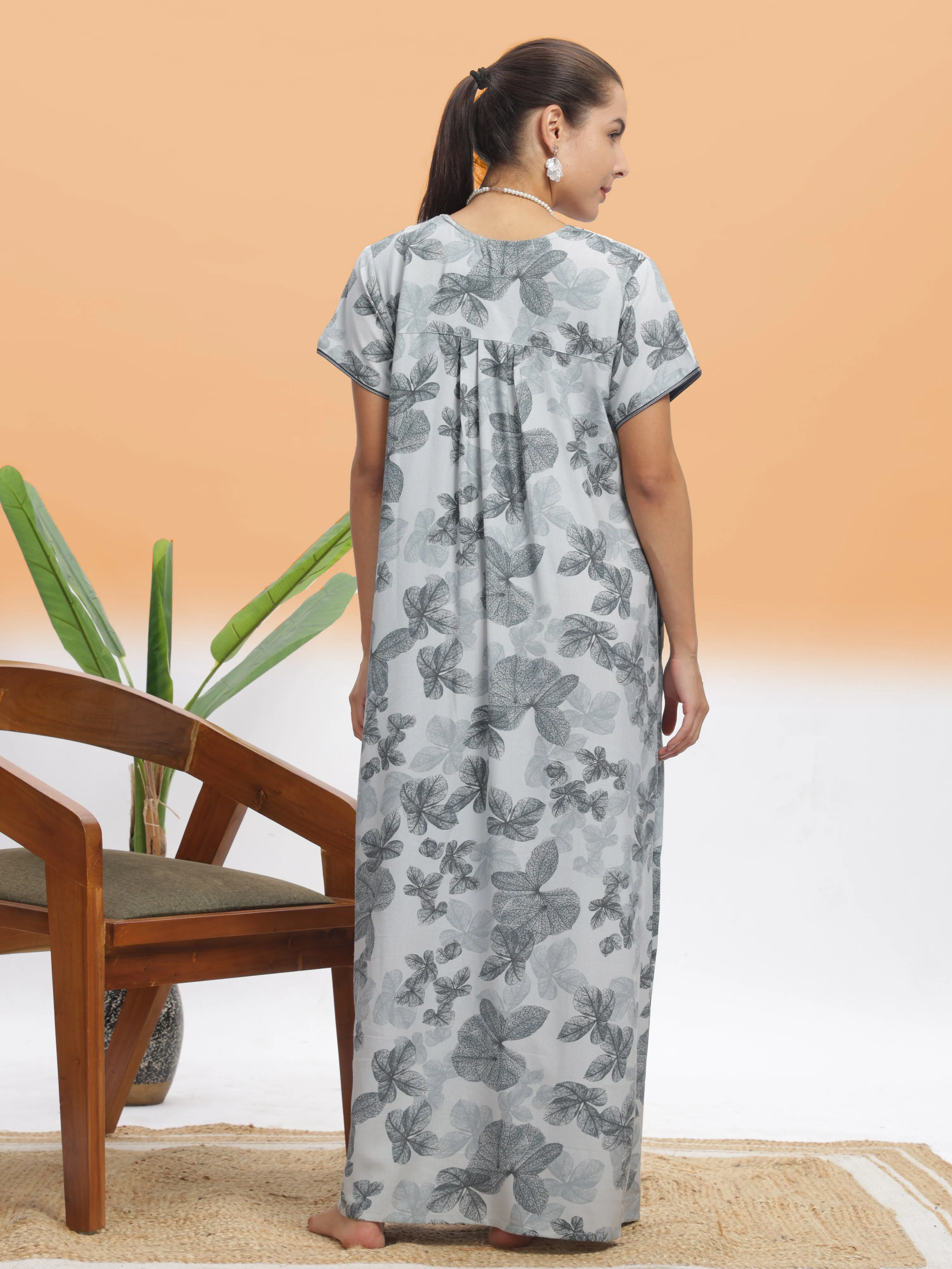 Elegant Silver Leaf Alpine Maxi Nighty - Luxury Nightwear