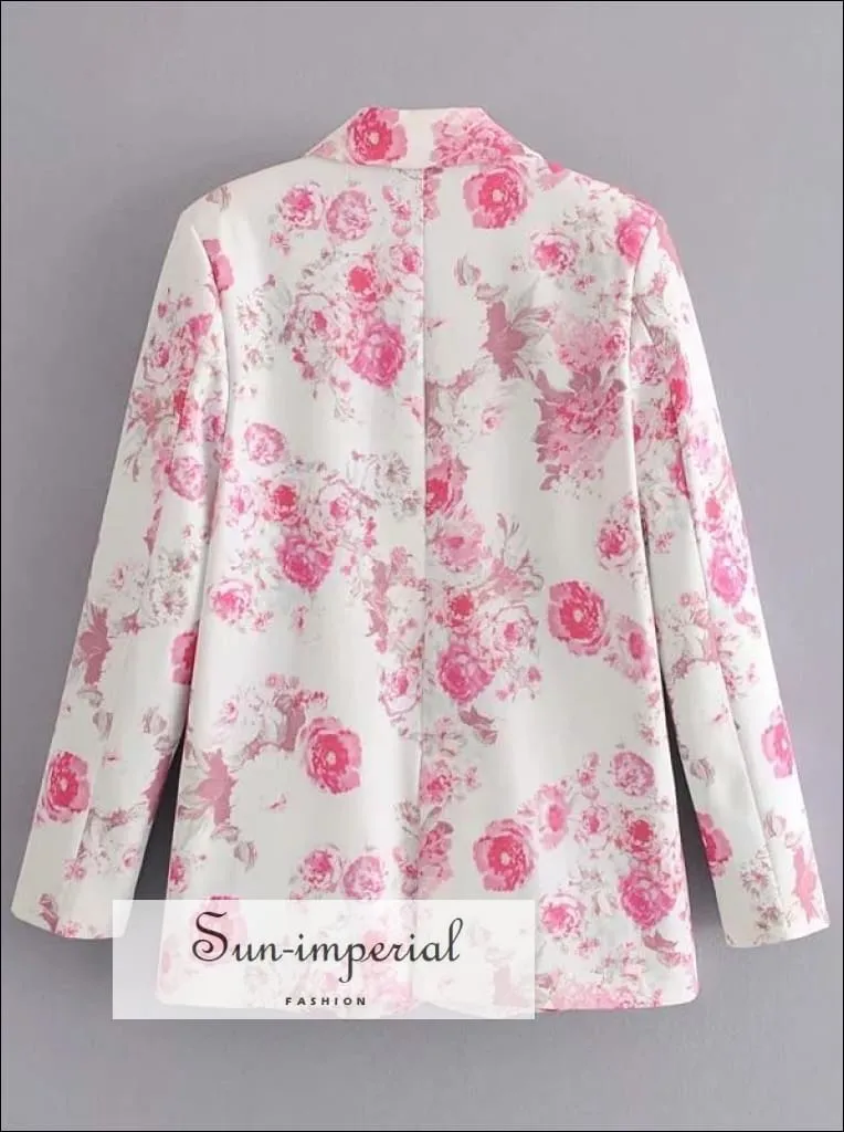 Elegant Women White with Pink Floral Print Blazer with Single Button and Pockets detail