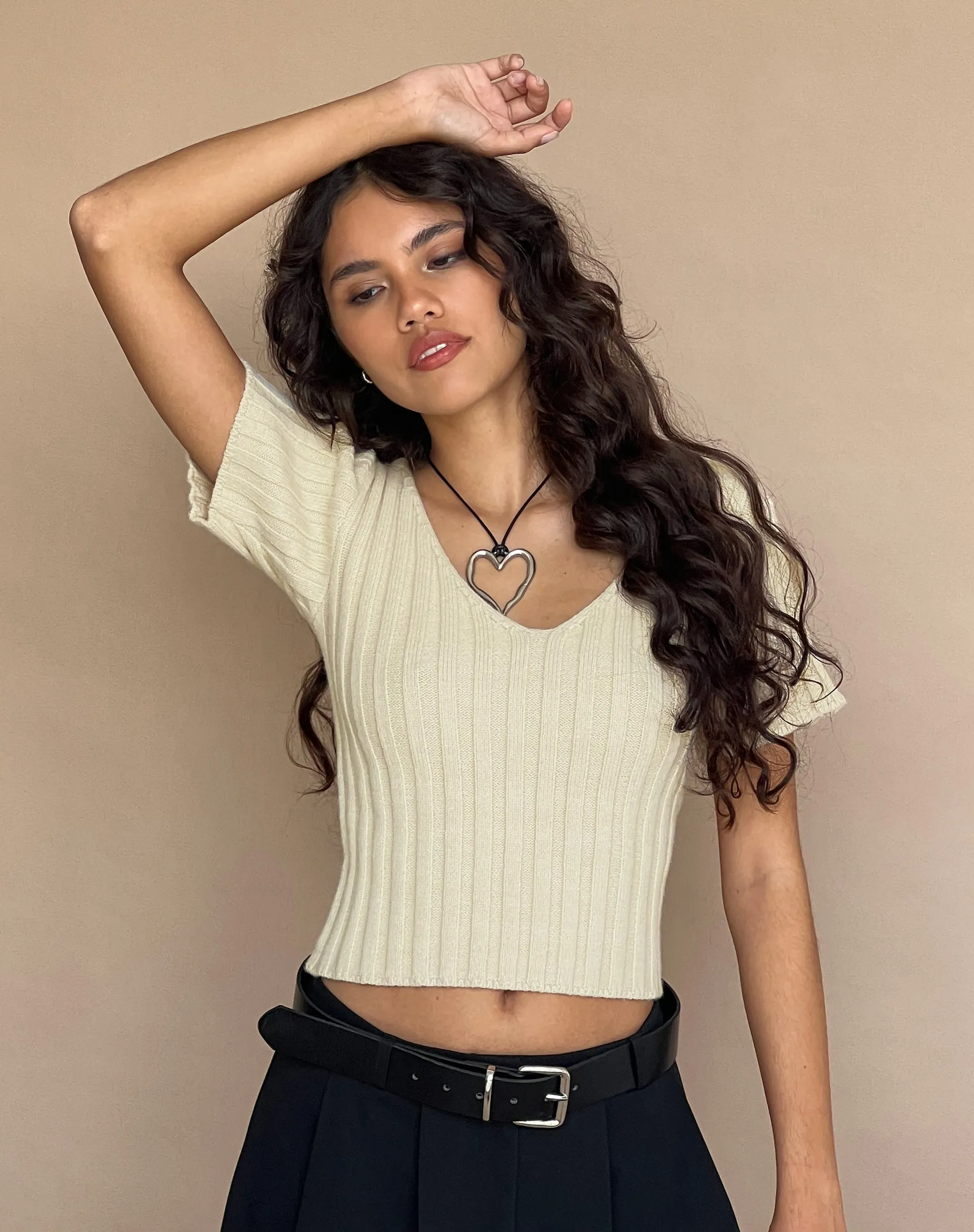 Estella Short Sleeve Knitted Top in Natural Oat