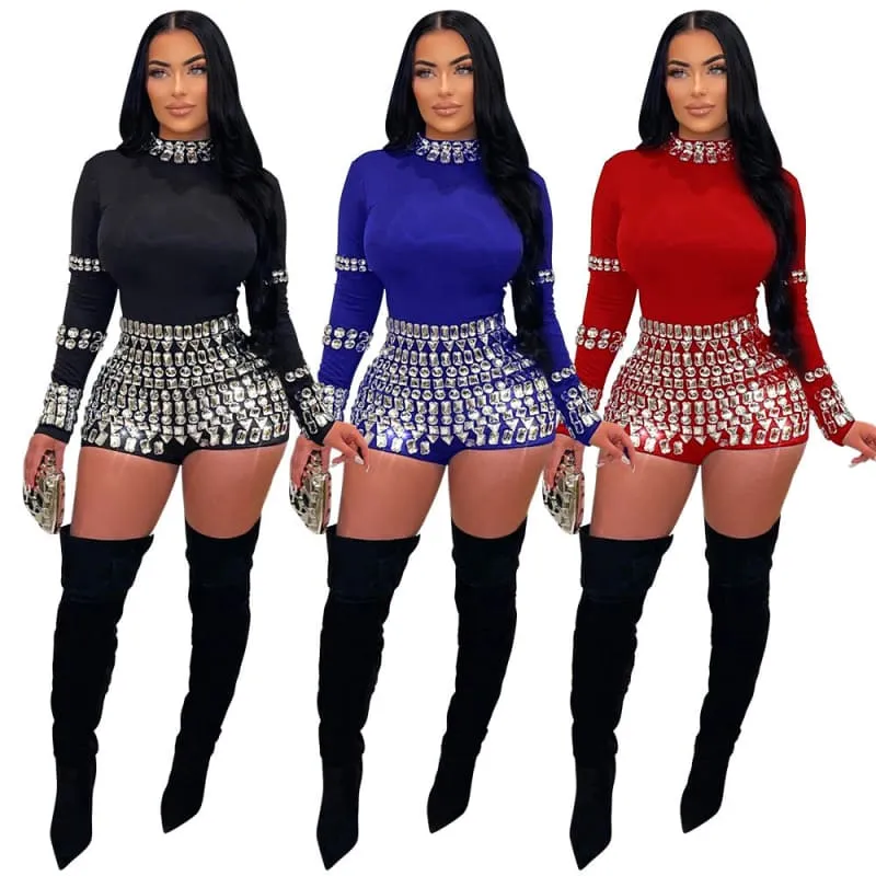 Fashion Rhinestone Slim Fit Bodysuit Women's Romper for Glam Vibes