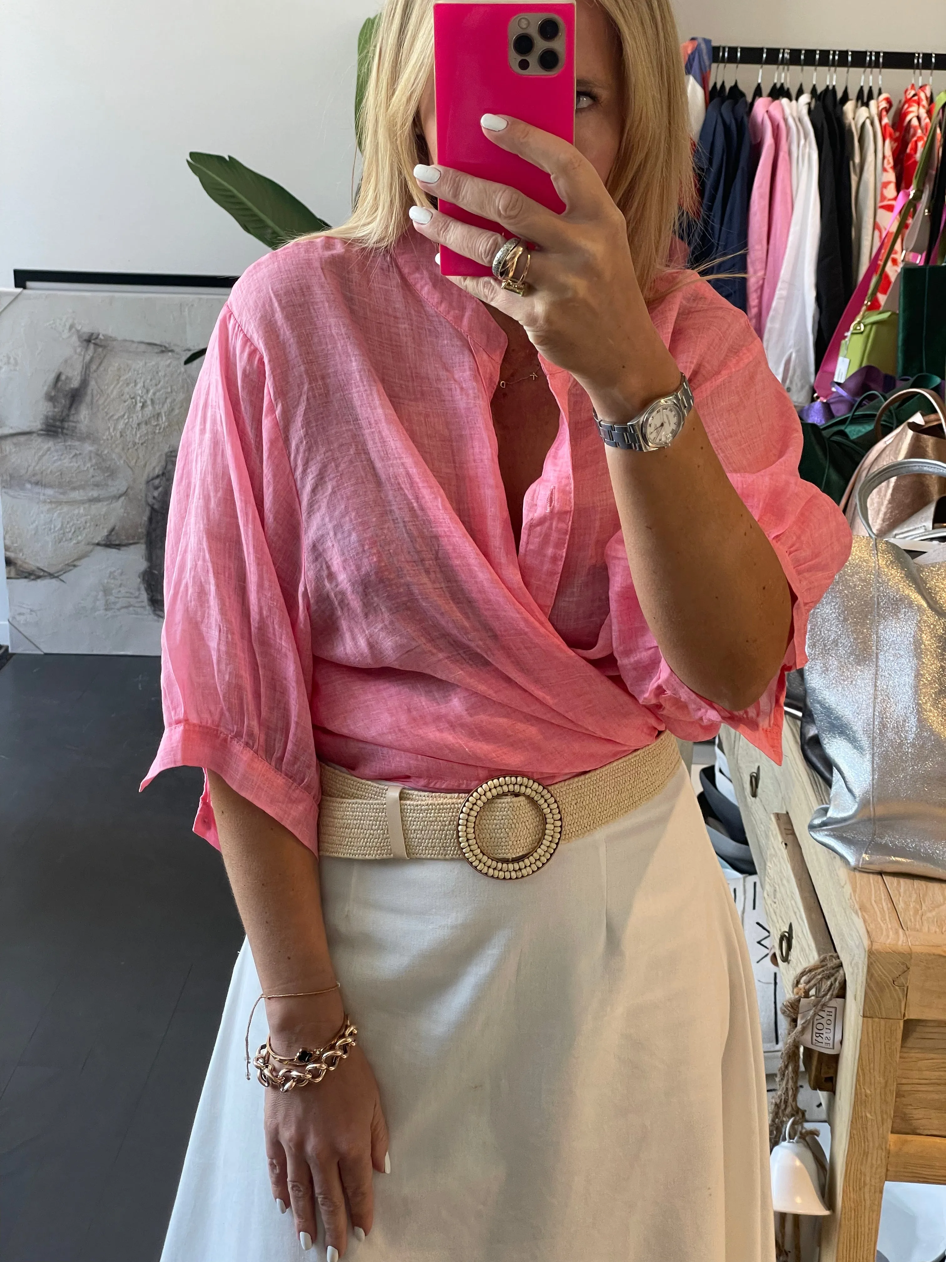 Fine Linen Shirt Travel Top - Pink