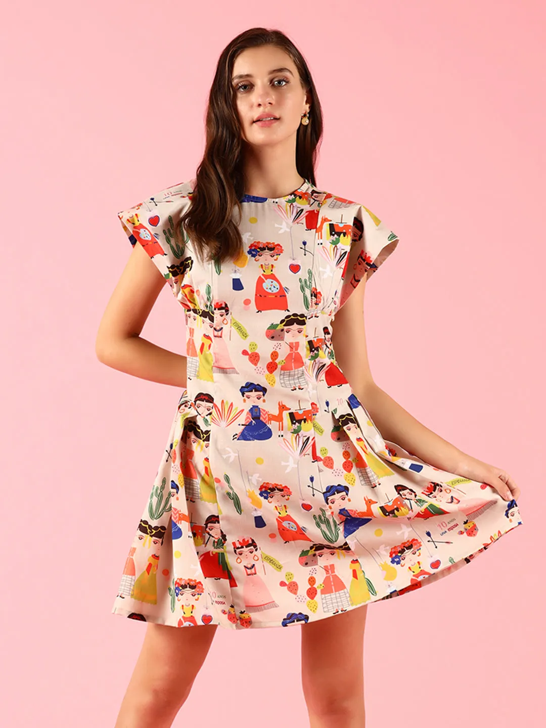 Flared Pleated Cartoon Print Dress