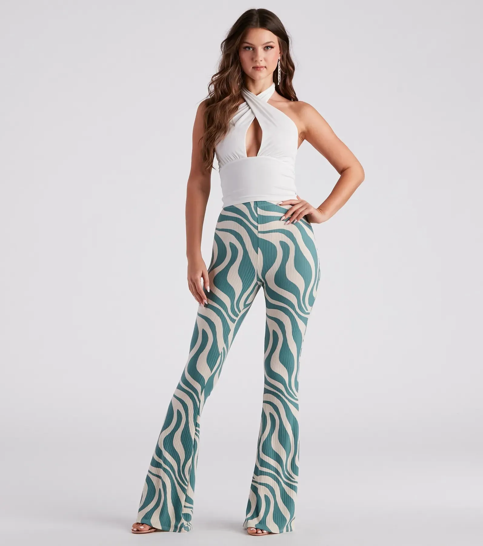 Flirty Retro Babe Swirl Print Flare Pants