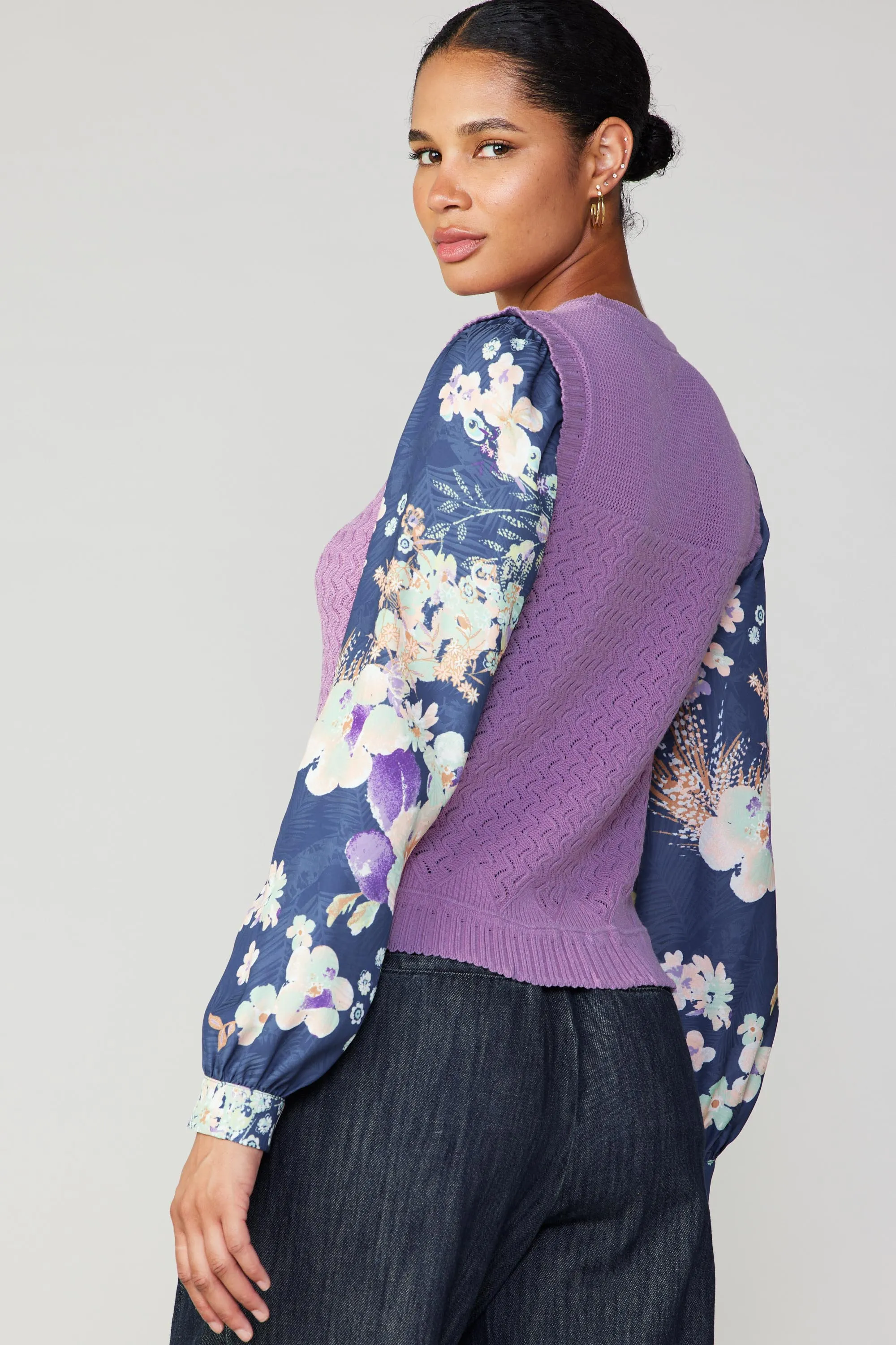 Floral Contrast Sleeve Sweater Top