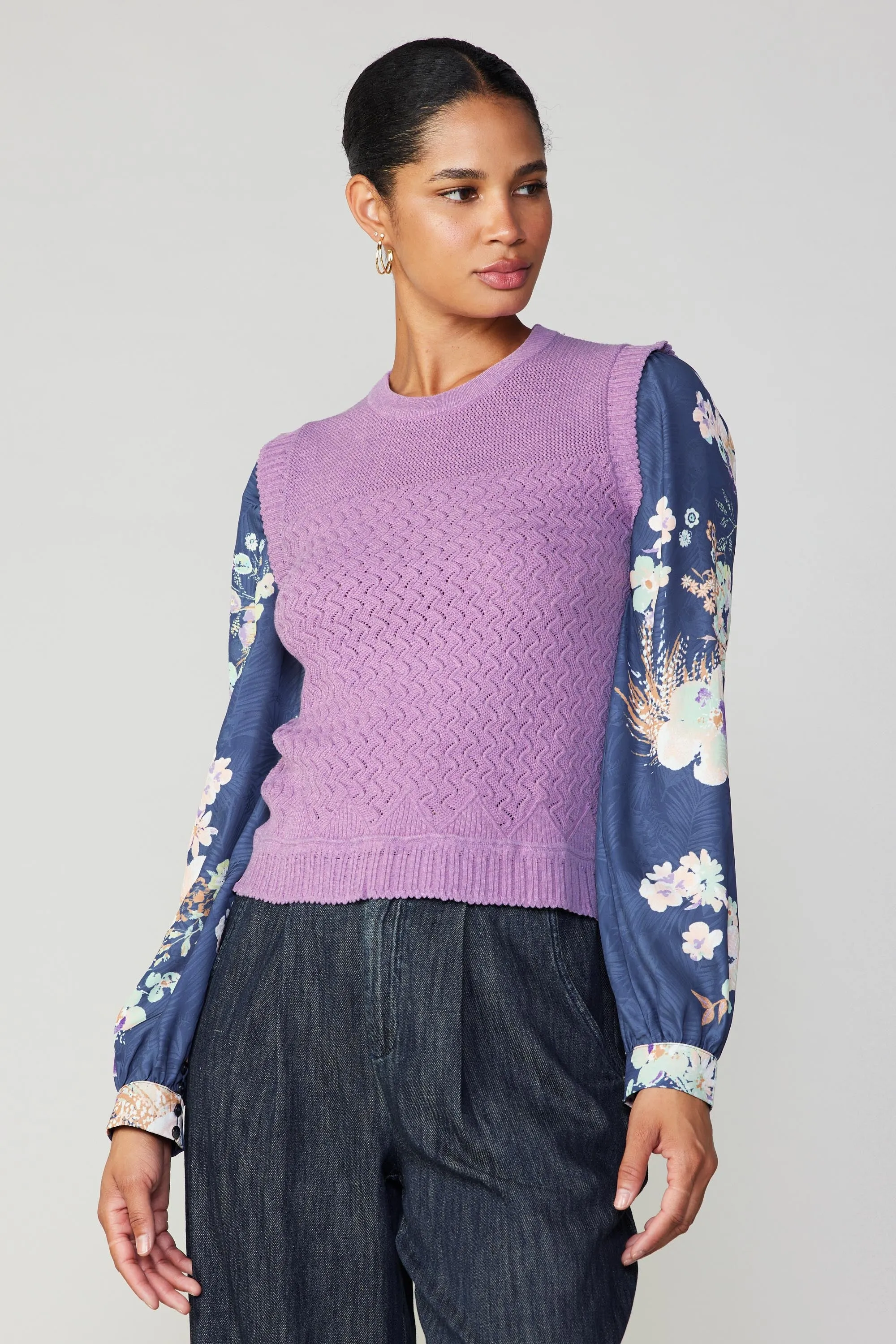 Floral Contrast Sleeve Sweater Top