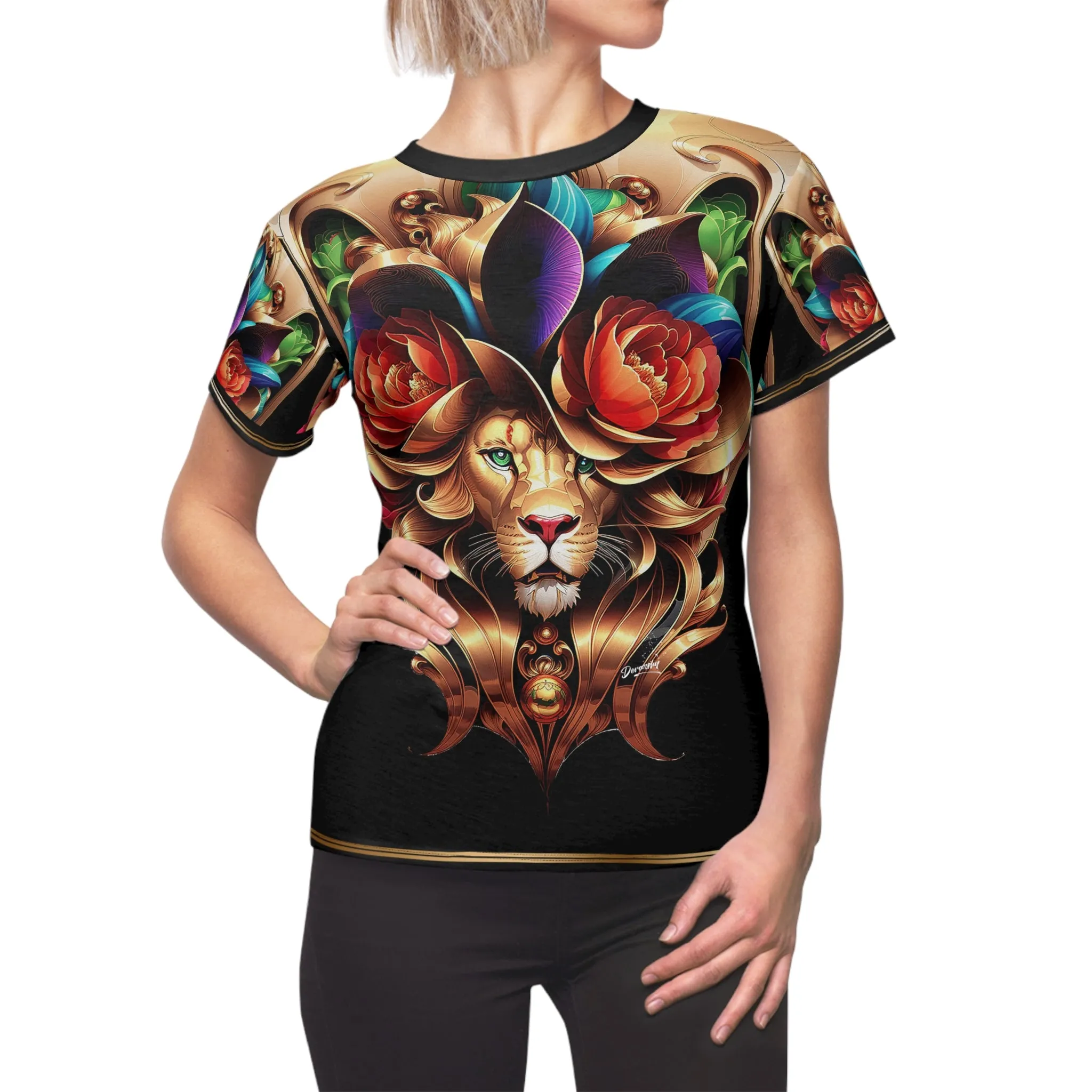 Floral Lion T-Shirt Unisex All Over Print Tee Decorative Lion T-Shirt for Men and Women | 00046