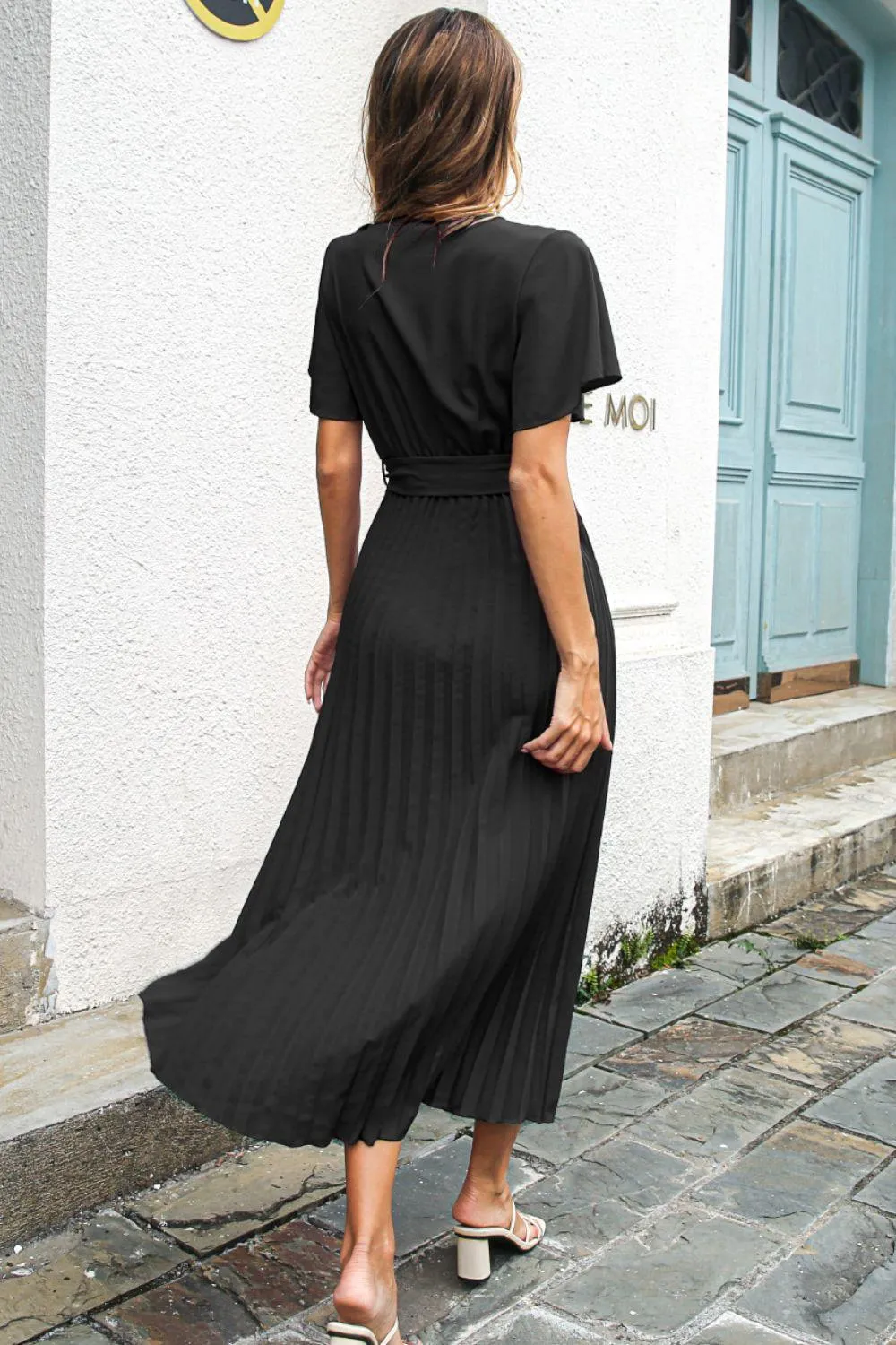 Flutter Sleeve Belted Surplice Midi Dress