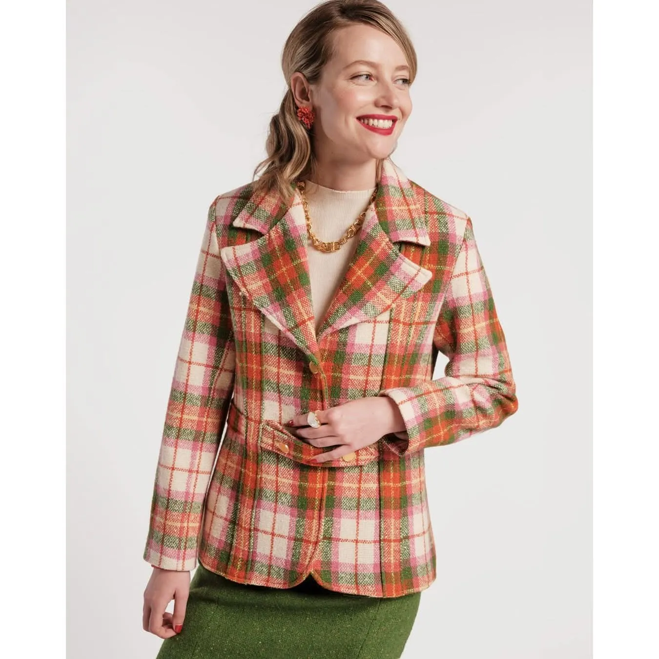 Frances Valentine Bobby Blazer Wool Central Park Plaid Pink Green