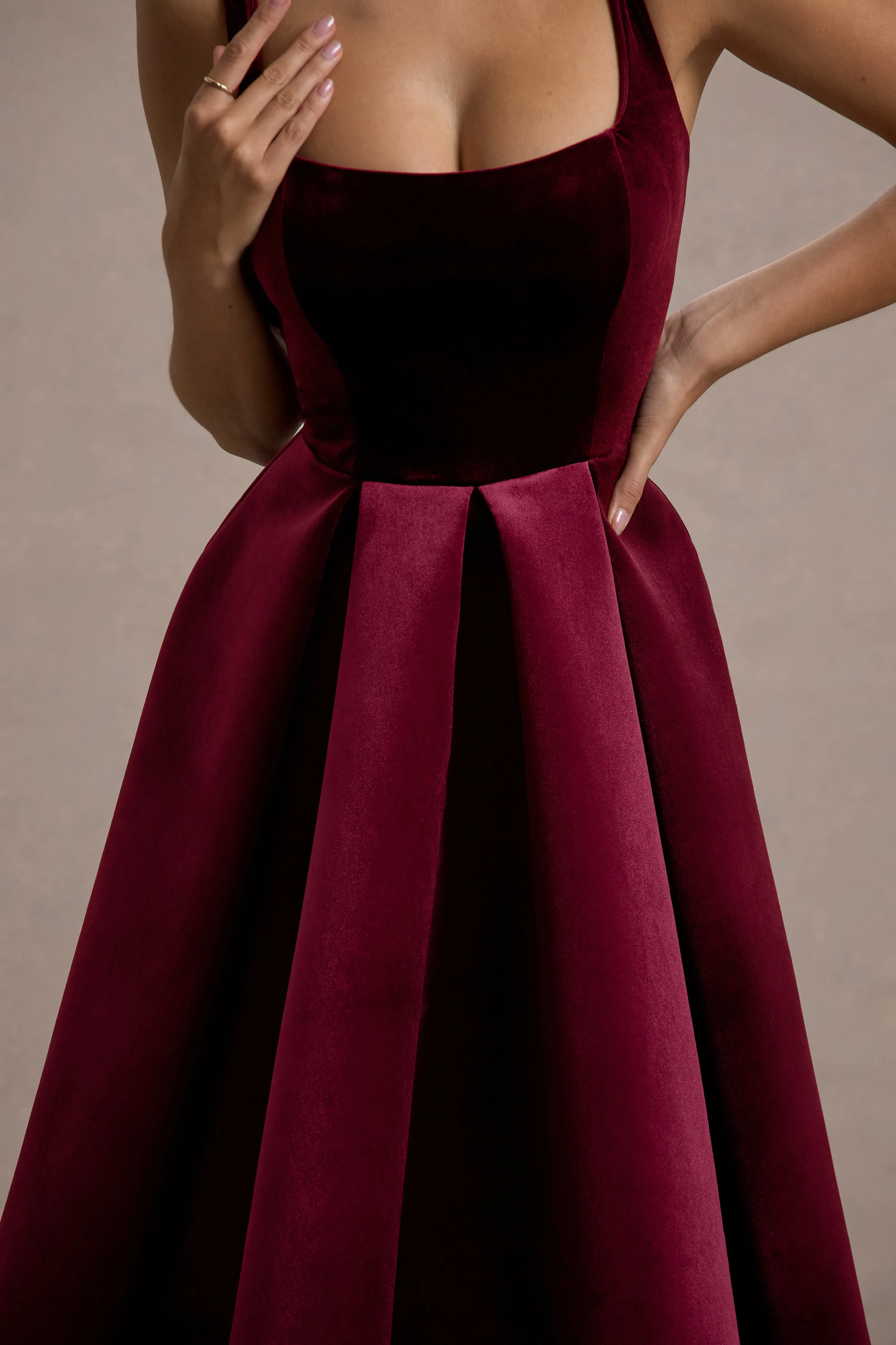 Francisca | Berry Velvet Strappy Volume-Hem Midi Dress