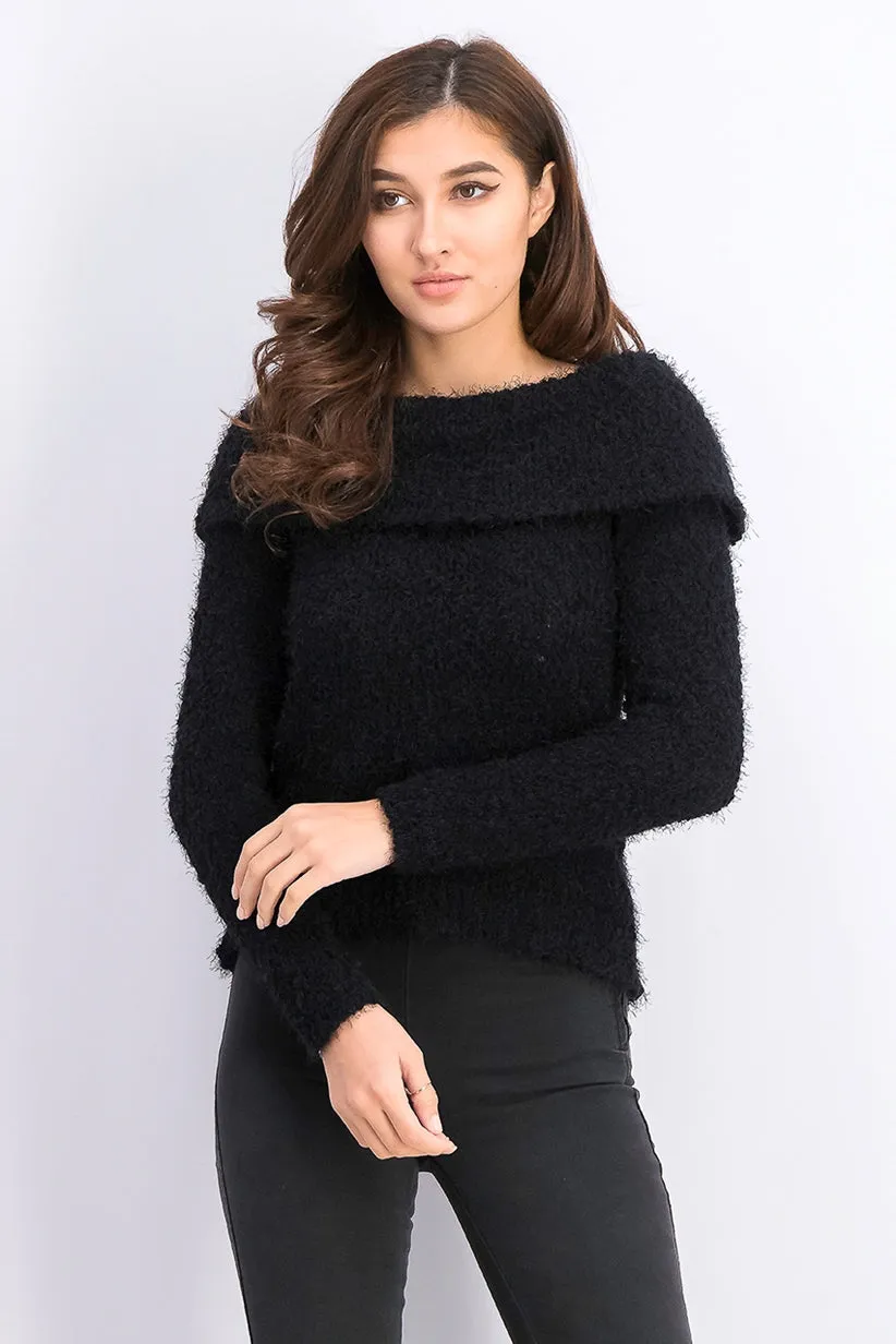 Freshman Juniors' Off-The-Shoulder Fuzzy Sweater Black Size X-Large