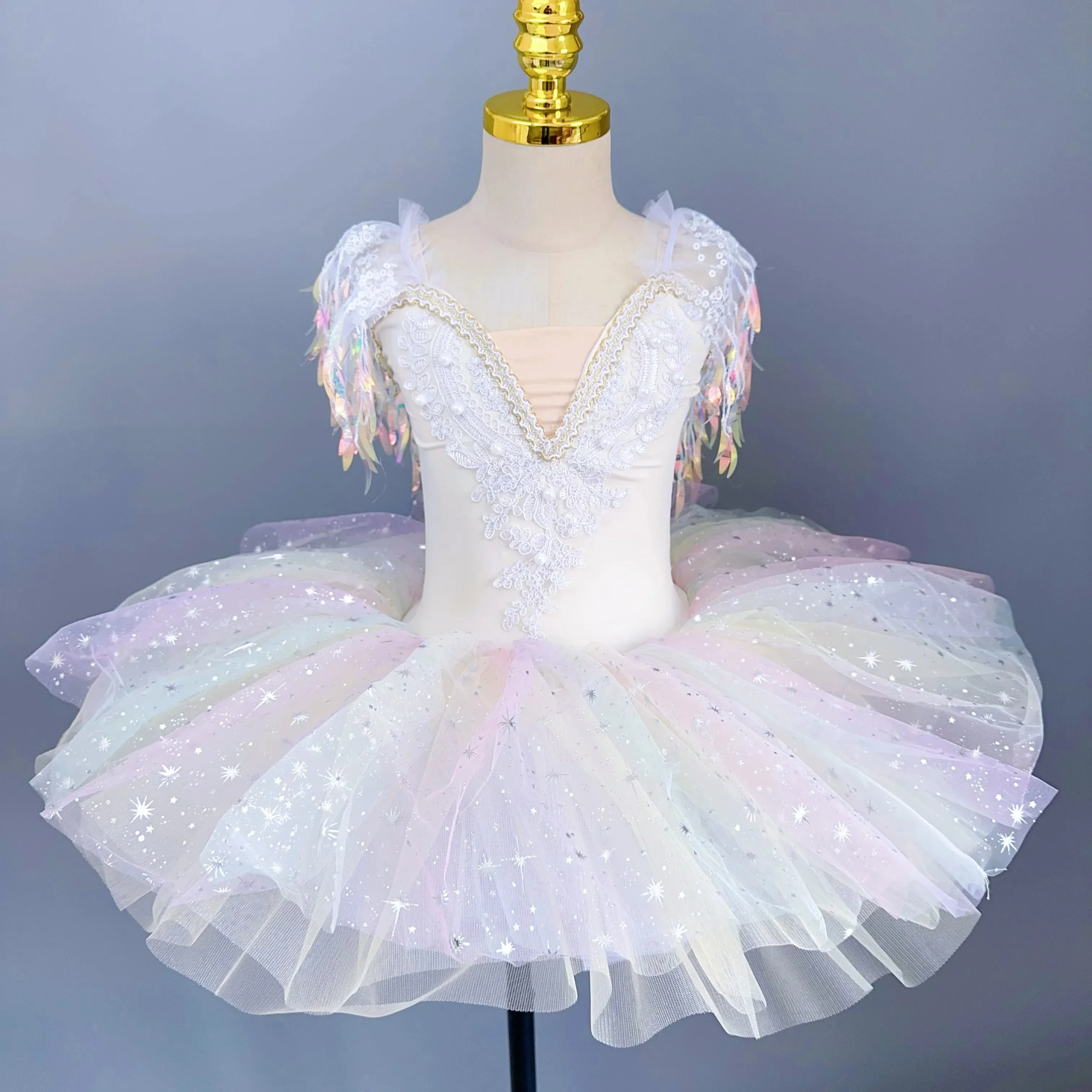 Girls Ballet Sparkling Rainbow Color Ballet Tutu Performance Costumes