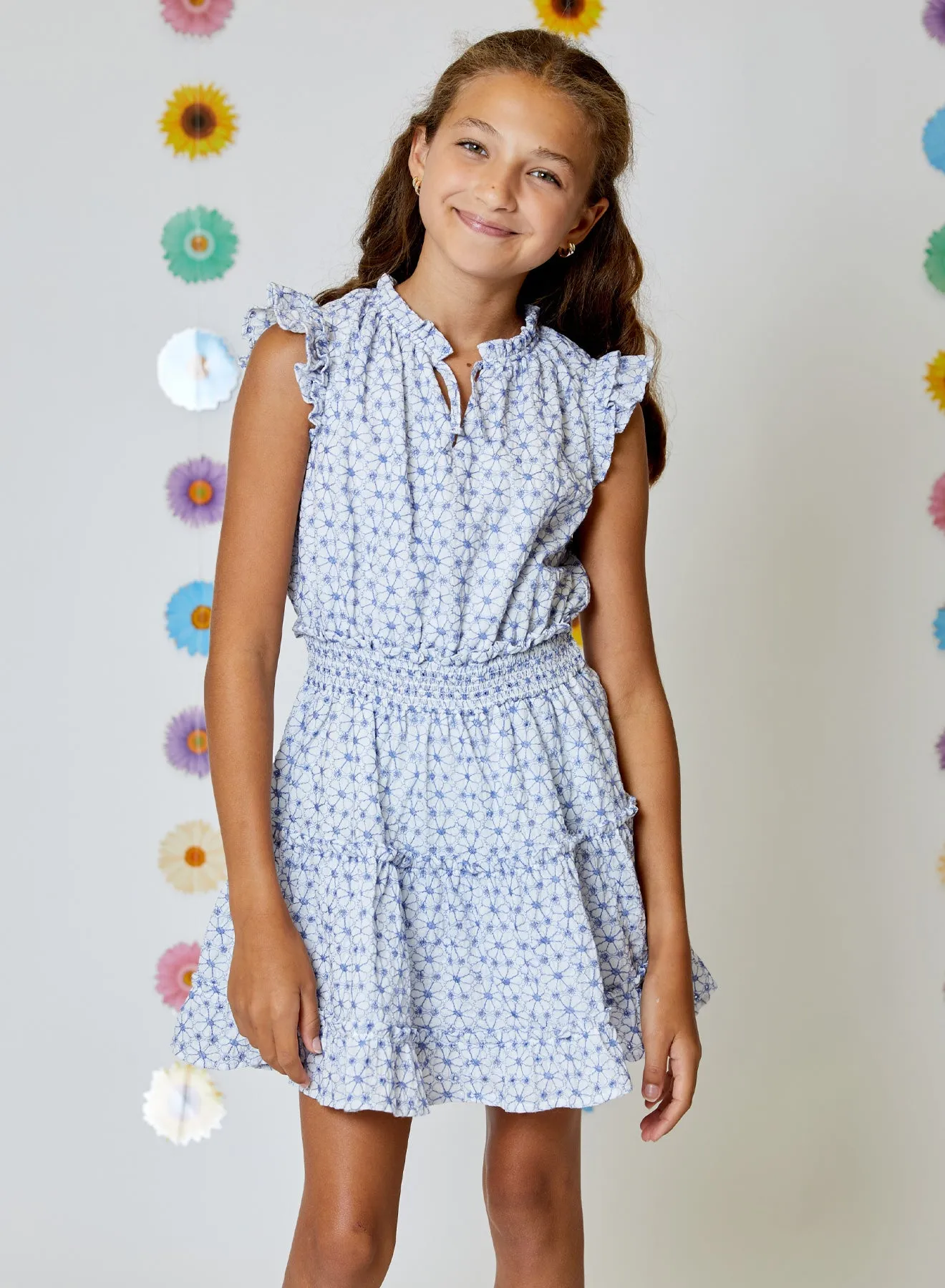 Girls Blue & White Embroidered Dress