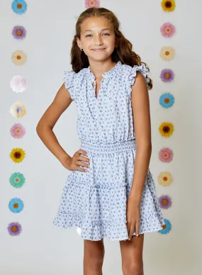 Girls Blue & White Embroidered Dress