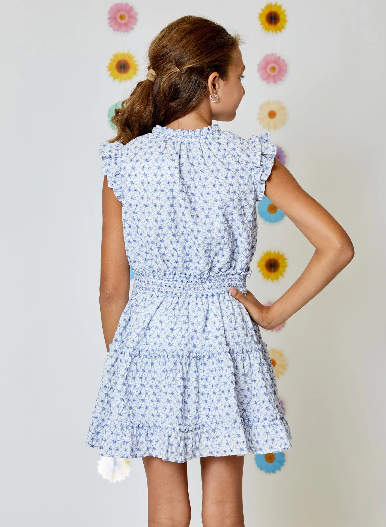 Girls Blue & White Embroidered Dress