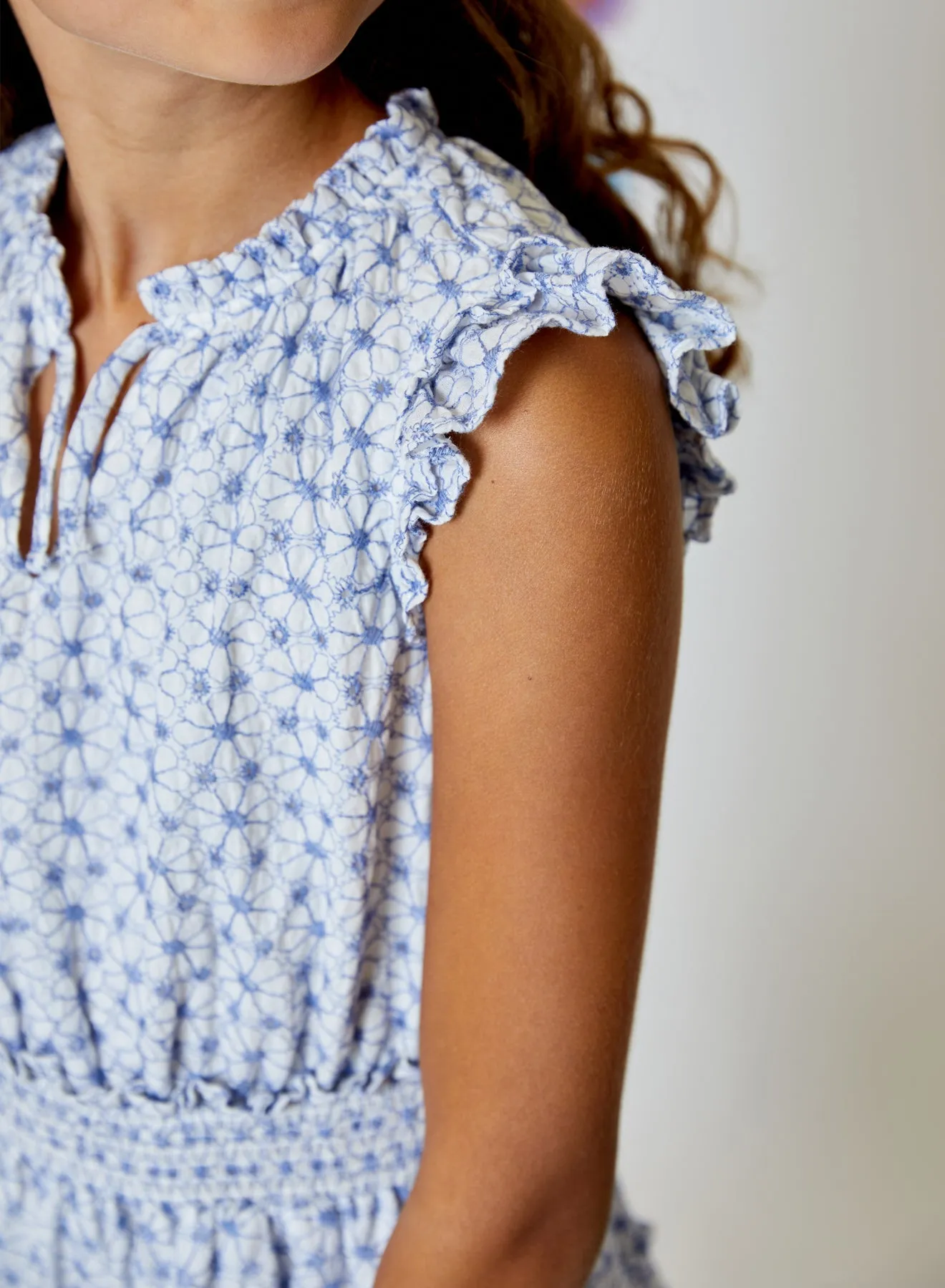 Girls Blue & White Embroidered Dress