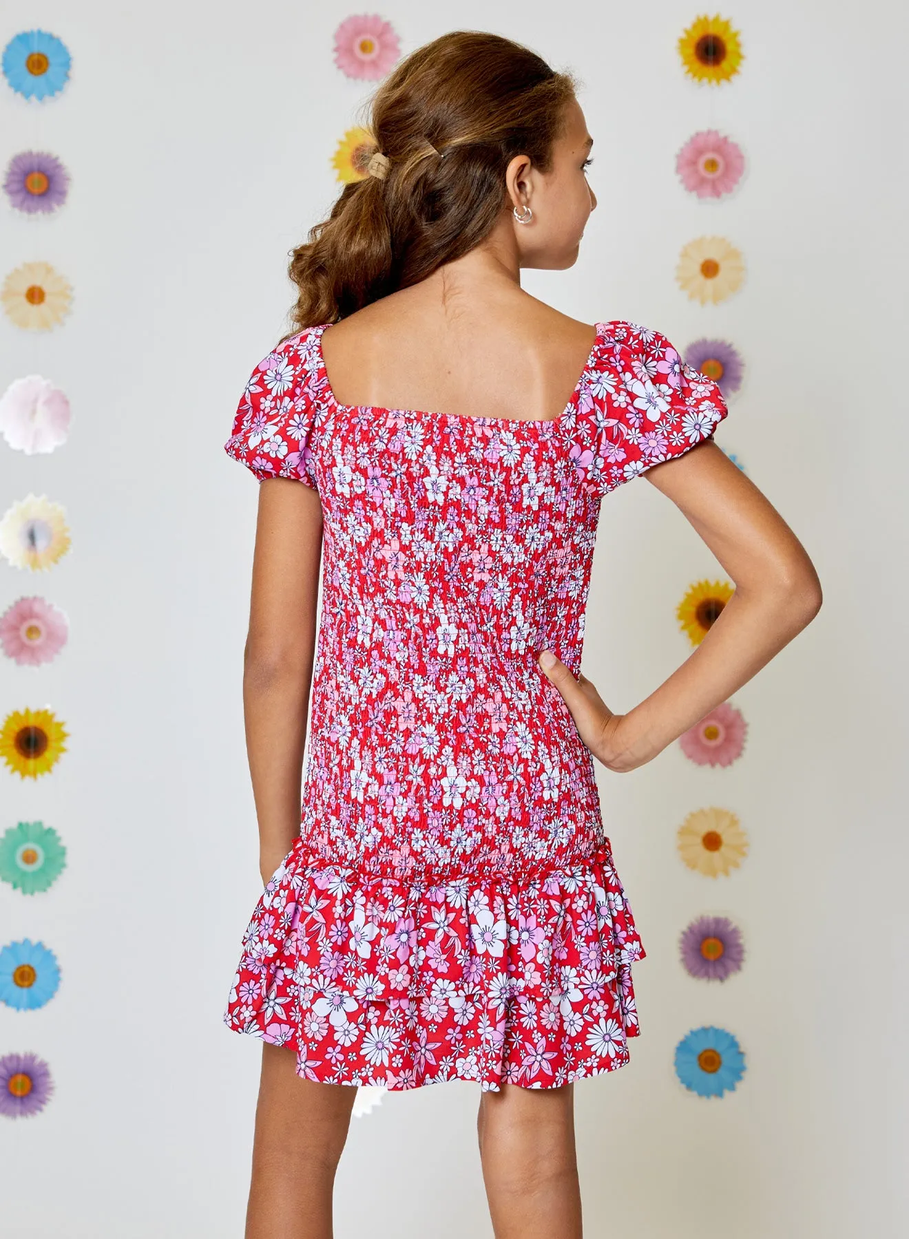 Girls Smocked Off-the-Shoulder Floral Dress