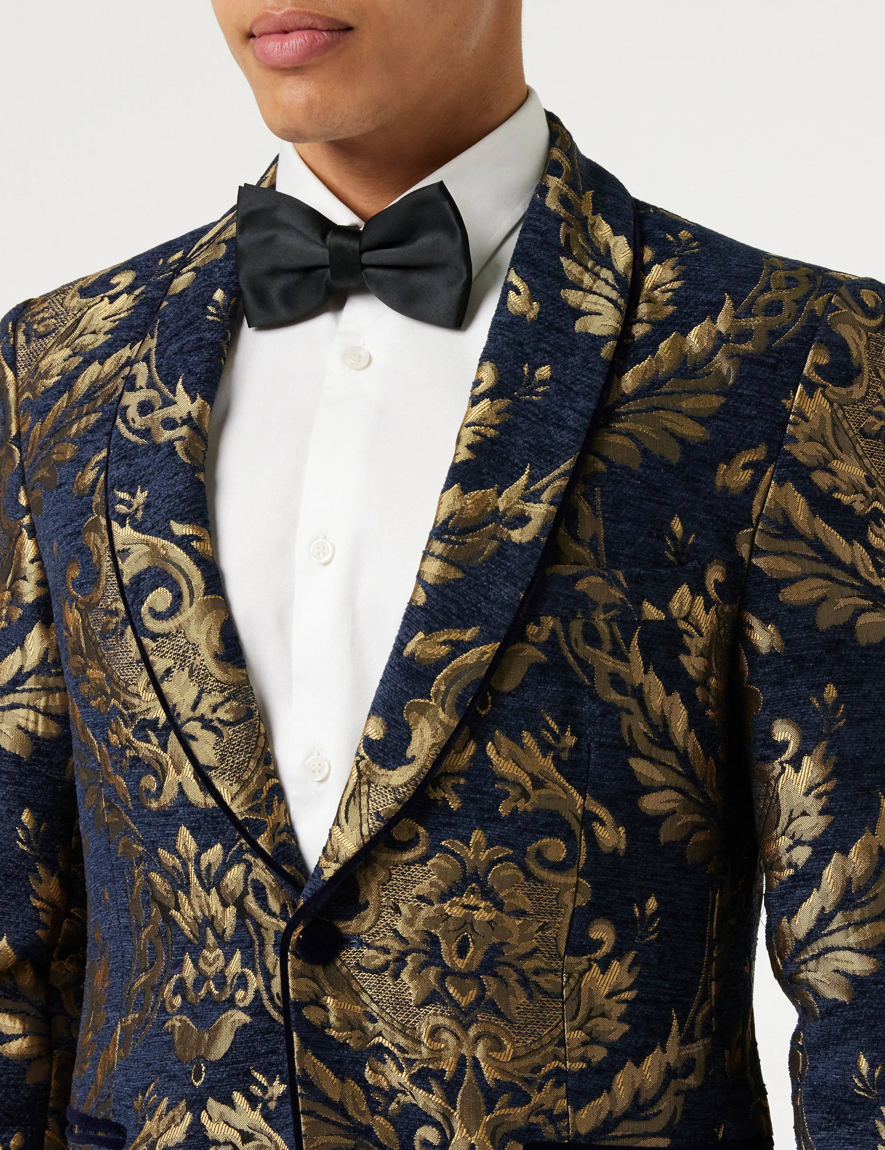 GLEN - Gold Brocade on Flocked Navy Velvet Jacquard Blazer