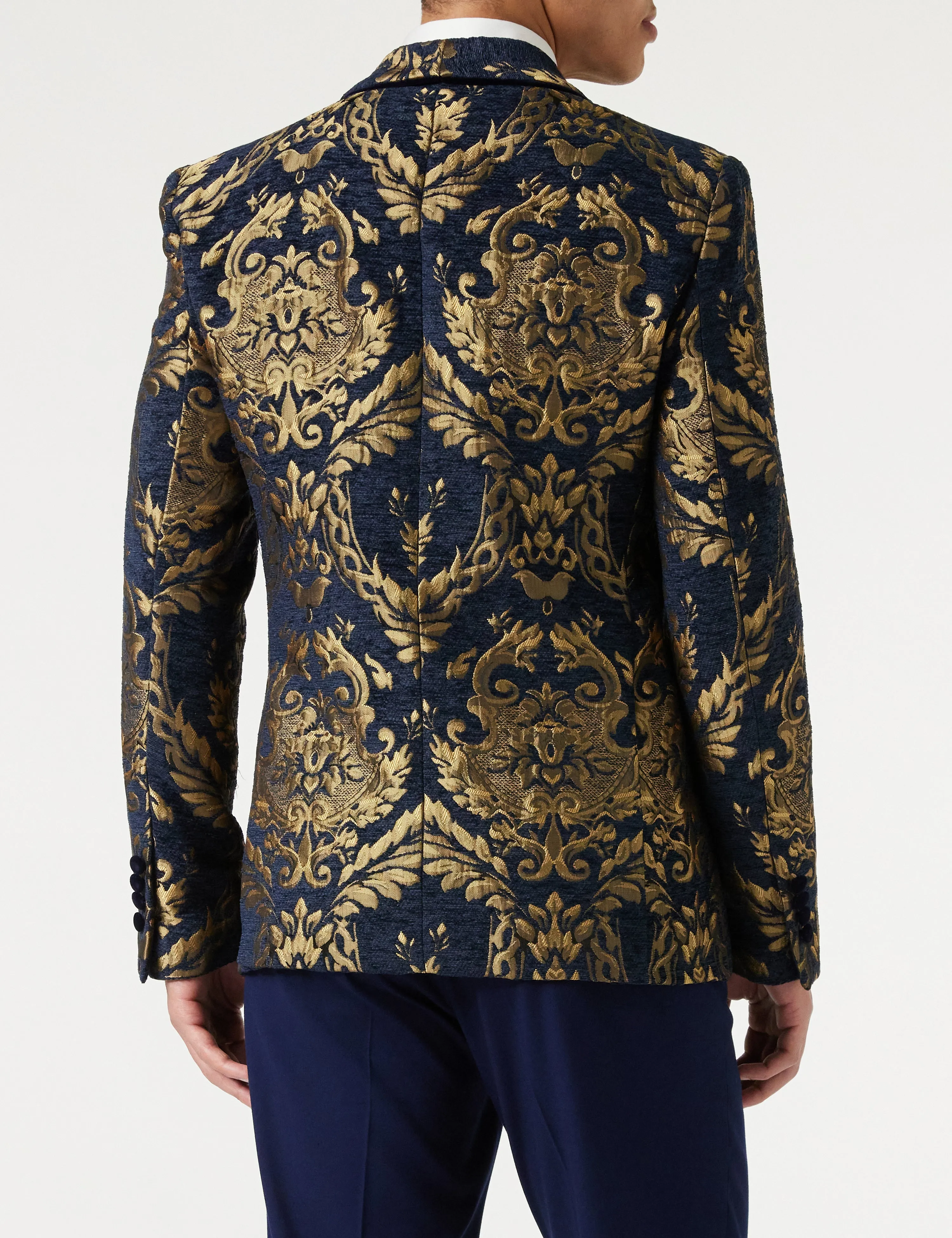 GLEN - Gold Brocade on Flocked Navy Velvet Jacquard Blazer