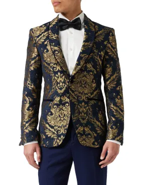 GLEN - Gold Brocade on Flocked Navy Velvet Jacquard Blazer