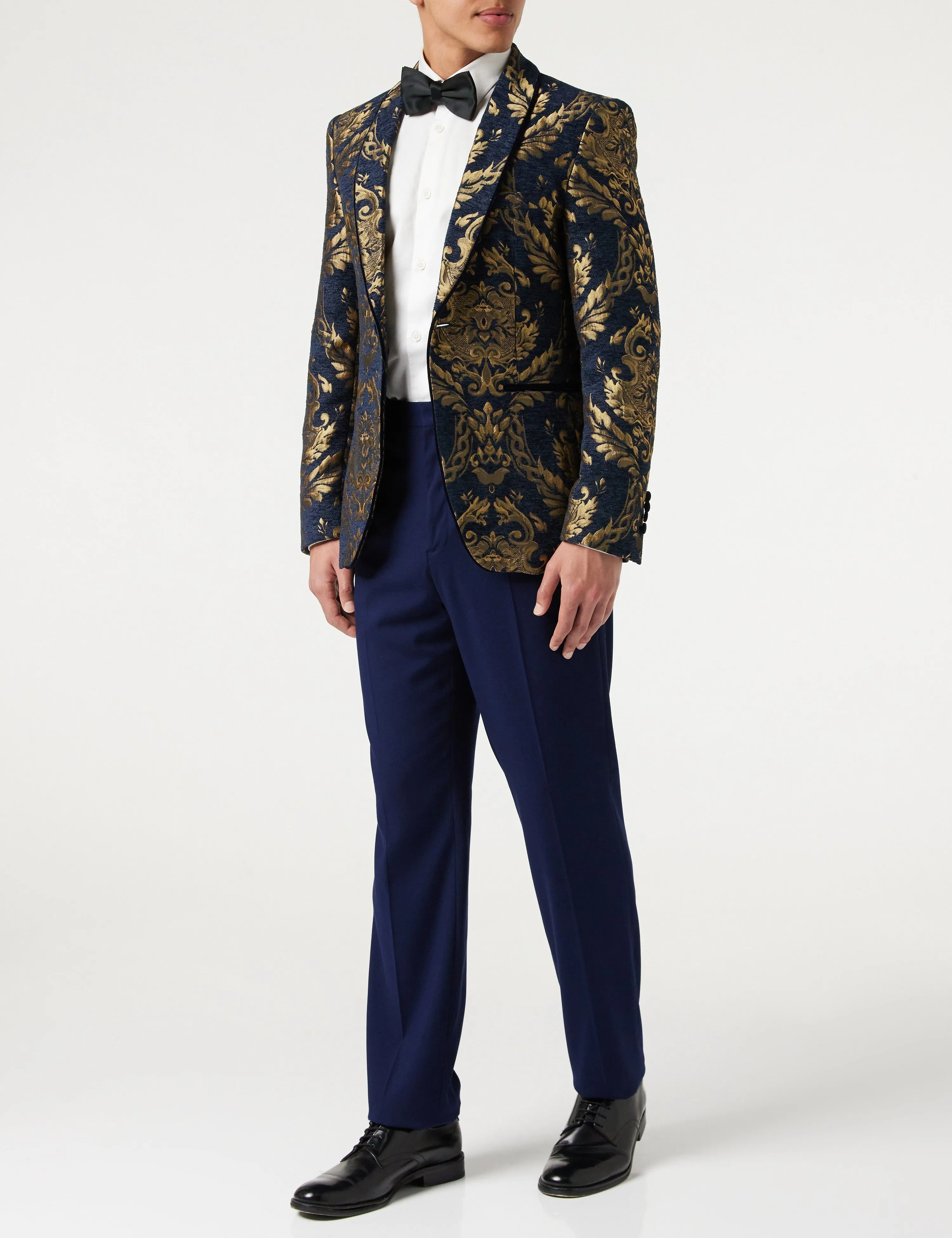 GLEN - Gold Brocade on Flocked Navy Velvet Jacquard Blazer