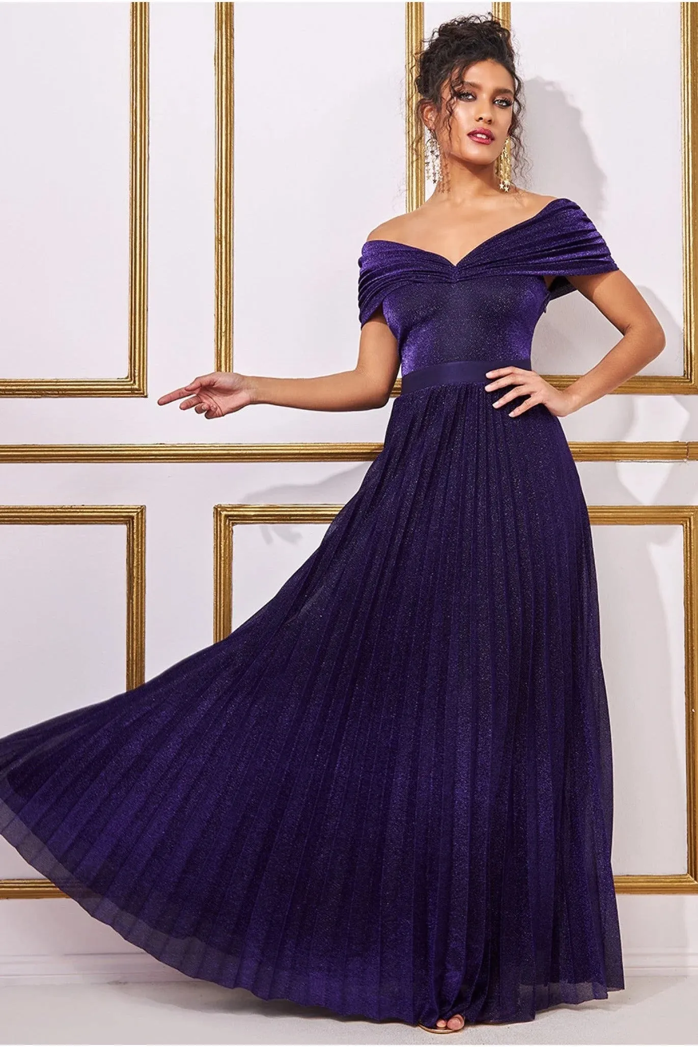 Goddiva Sunrise Pleated Bardot Lurex Maxi Dress