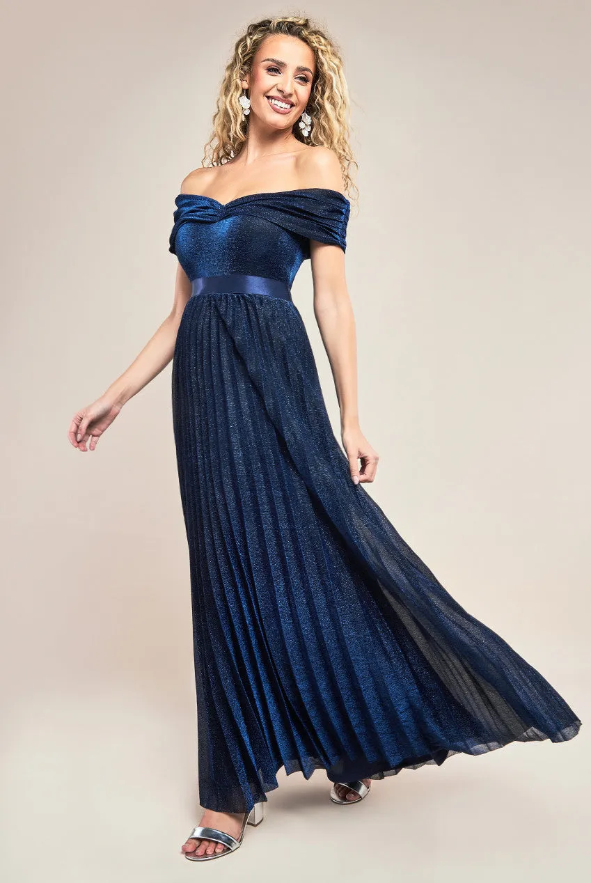 Goddiva Sunrise Pleated Bardot Lurex Maxi Dress