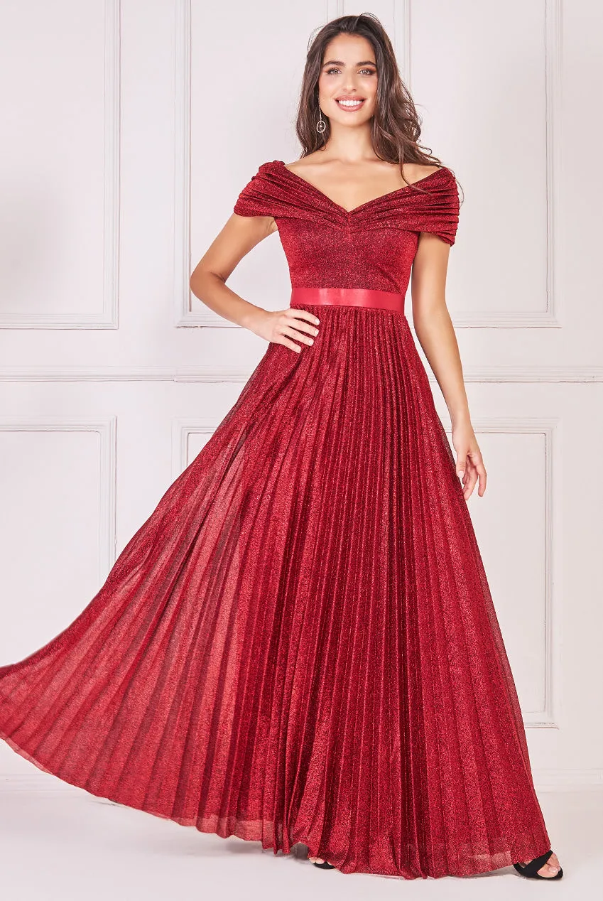 Goddiva Sunrise Pleated Bardot Lurex Maxi Dress