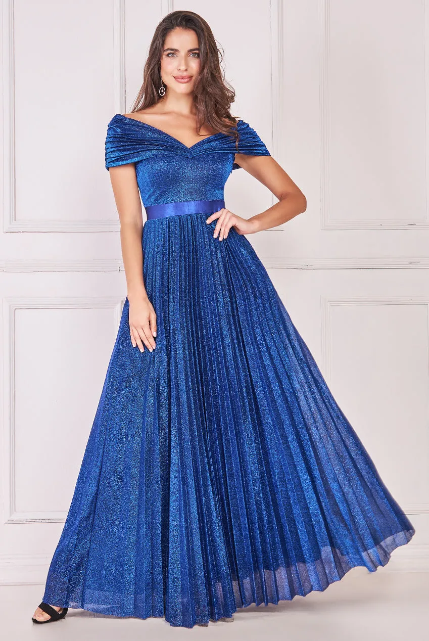 Goddiva Sunrise Pleated Bardot Lurex Maxi Dress