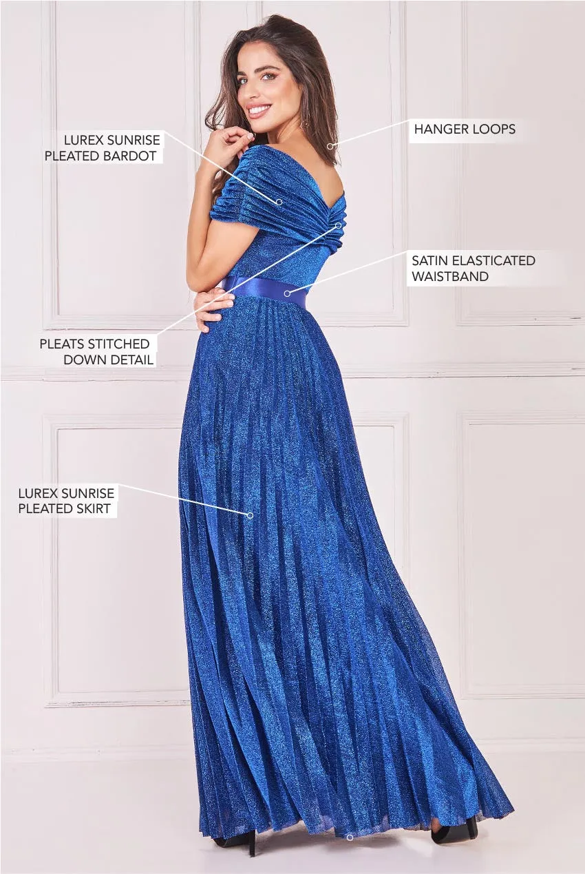 Goddiva Sunrise Pleated Bardot Lurex Maxi Dress