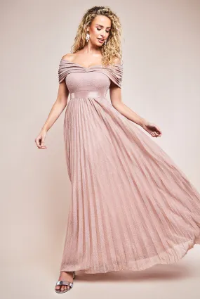 Goddiva Sunrise Pleated Bardot Lurex Maxi Dress