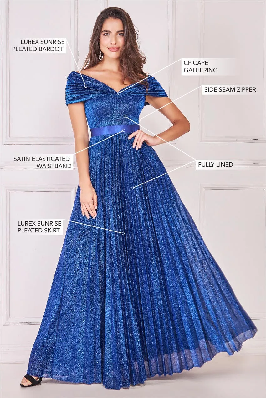 Goddiva Sunrise Pleated Bardot Lurex Maxi Dress