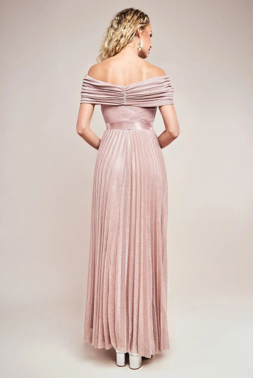 Goddiva Sunrise Pleated Bardot Lurex Maxi Dress