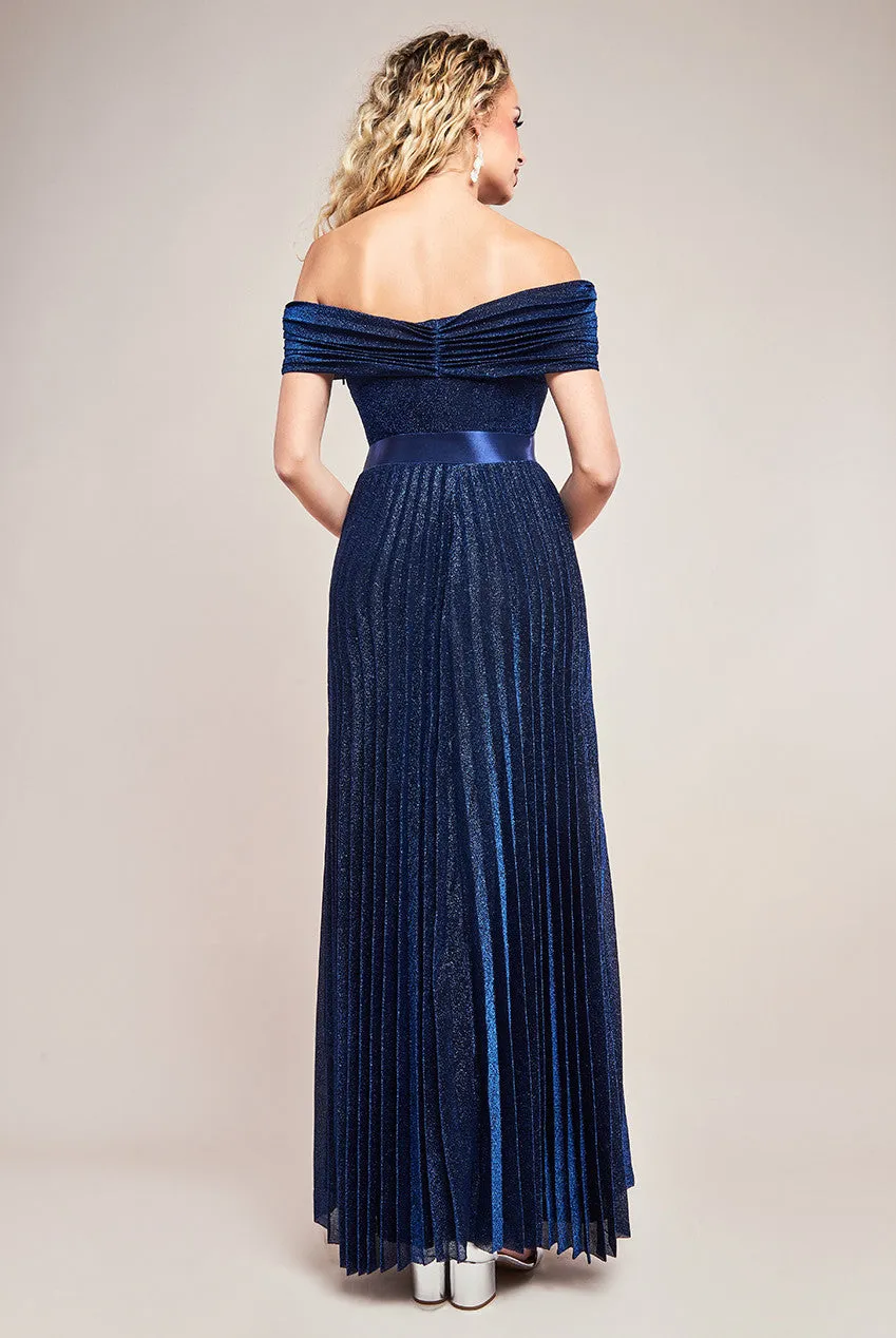 Goddiva Sunrise Pleated Bardot Lurex Maxi Dress