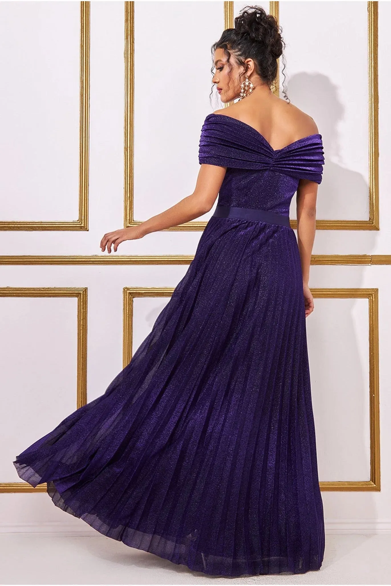 Goddiva Sunrise Pleated Bardot Lurex Maxi Dress