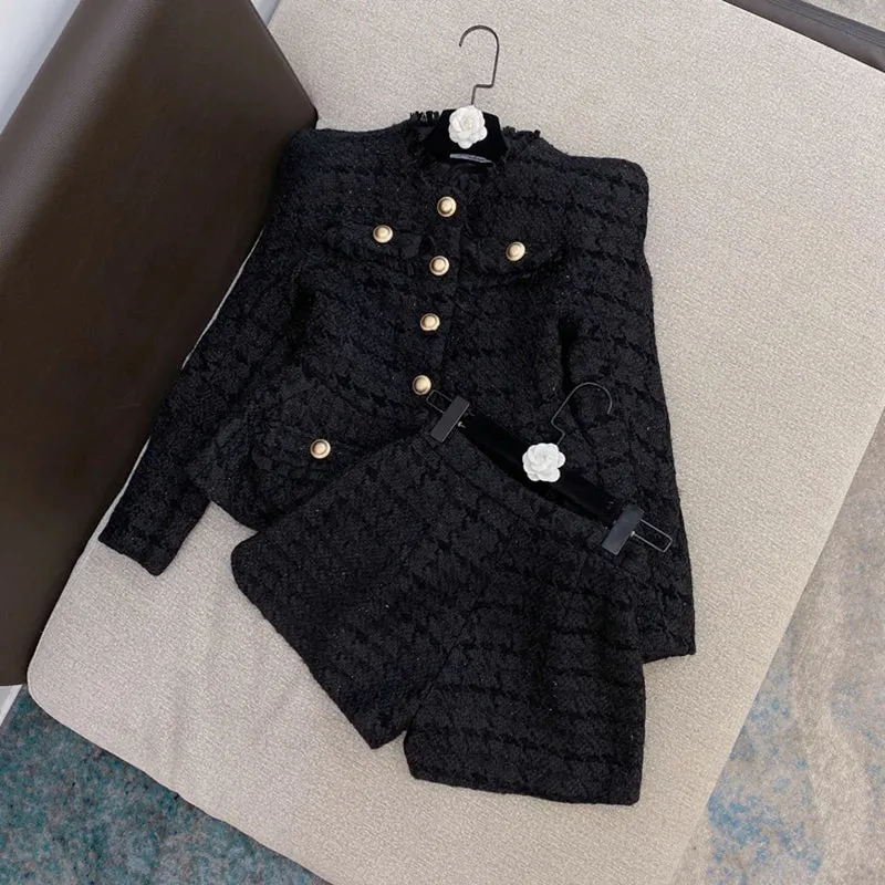 Gold Buttons Tweed Jacket Shorts Set