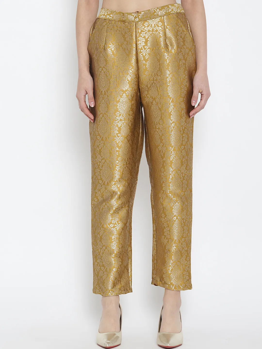 Golden Jacquard Banarasi Brocade Blazer With Pant