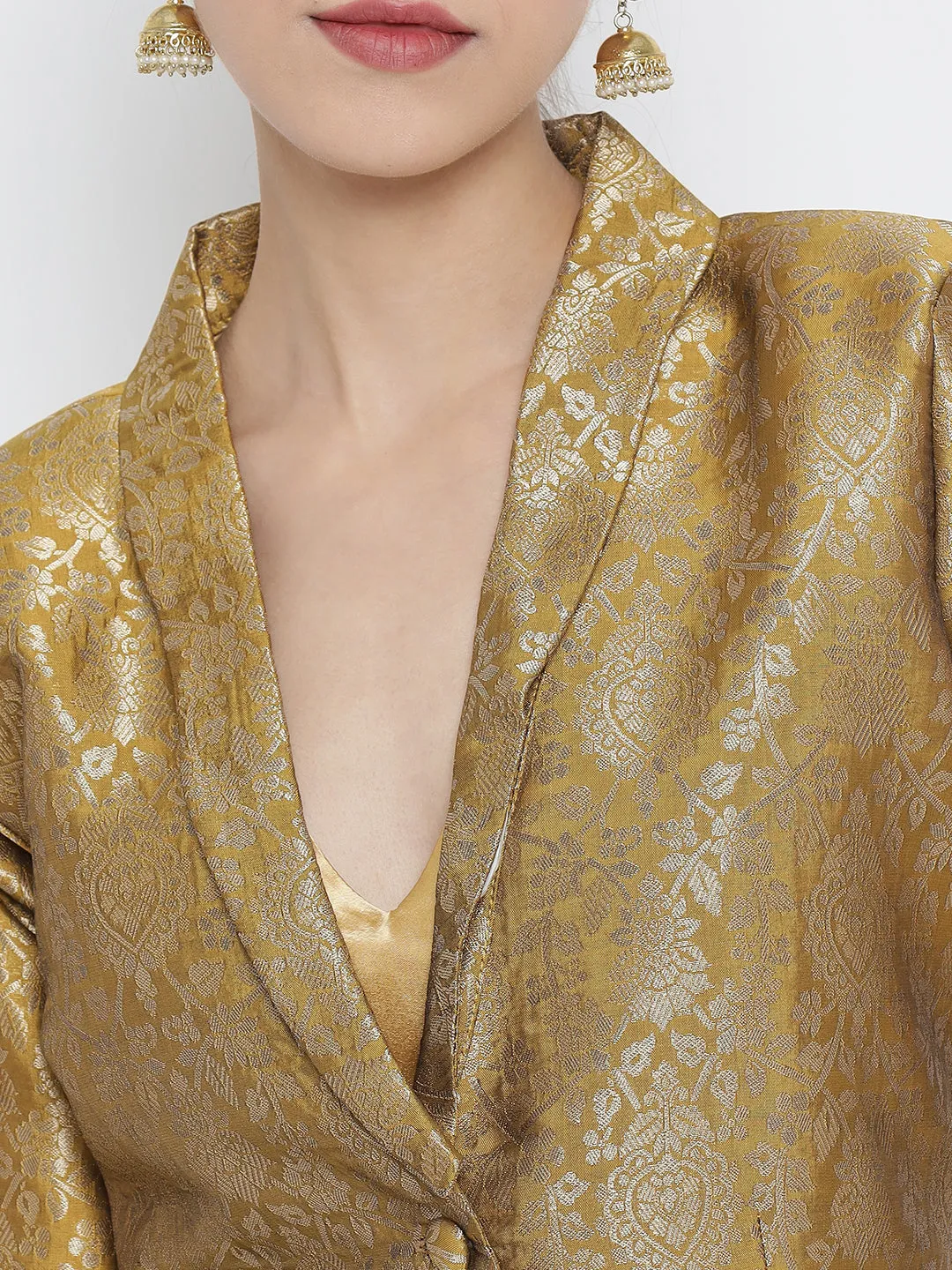 Golden Jacquard Banarasi Brocade Blazer With Pant