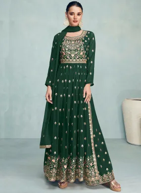 Green Multi Embroidery High Slit Style Palazzo Suit